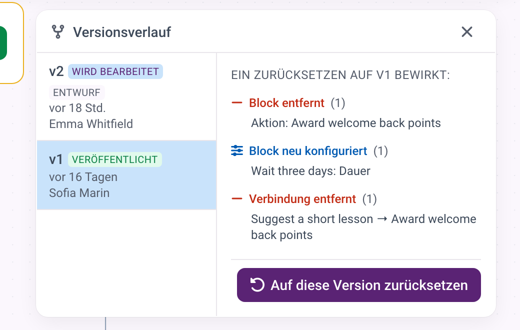 Das Panel Versionen mit der veröffentlichten Version und dem Entwurf sowie der Liste der Änderungen, die ein Zurücksetzen vornehmen würde.