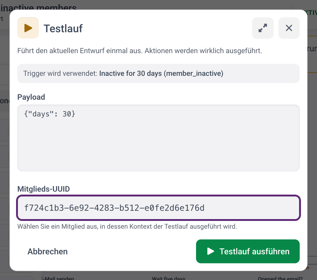 Der Dialog Testlauf mit dem Payload als JSON und der eingetragenen Mitglieds-UUID, bereit zum Ausführen.