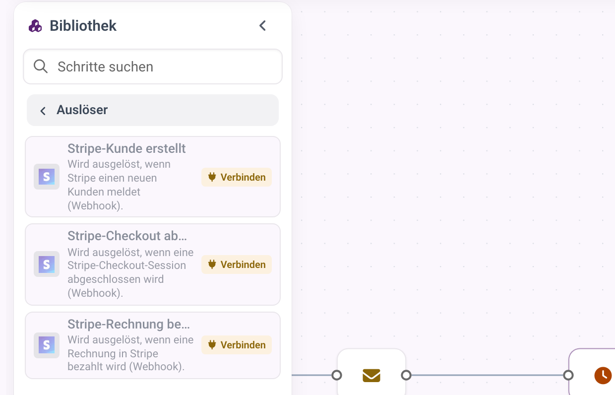 Die Stripe-Auslöser in der Bibliothek, blass mit dem Chip Verbinden, weil Stripe noch nicht verbunden ist.