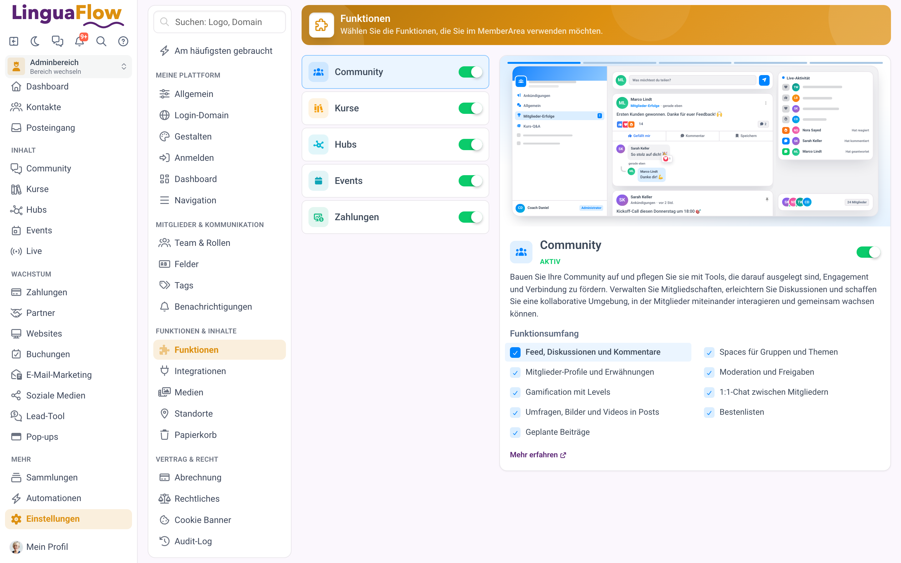 Die Funktionsseite mit der Liste links und den Details rechts