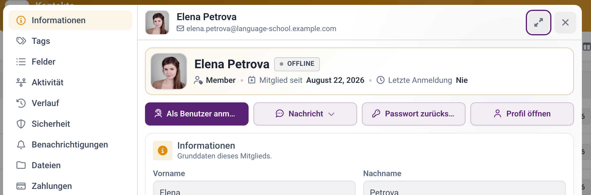 Anmelden als Mitglied aus dessen Profil