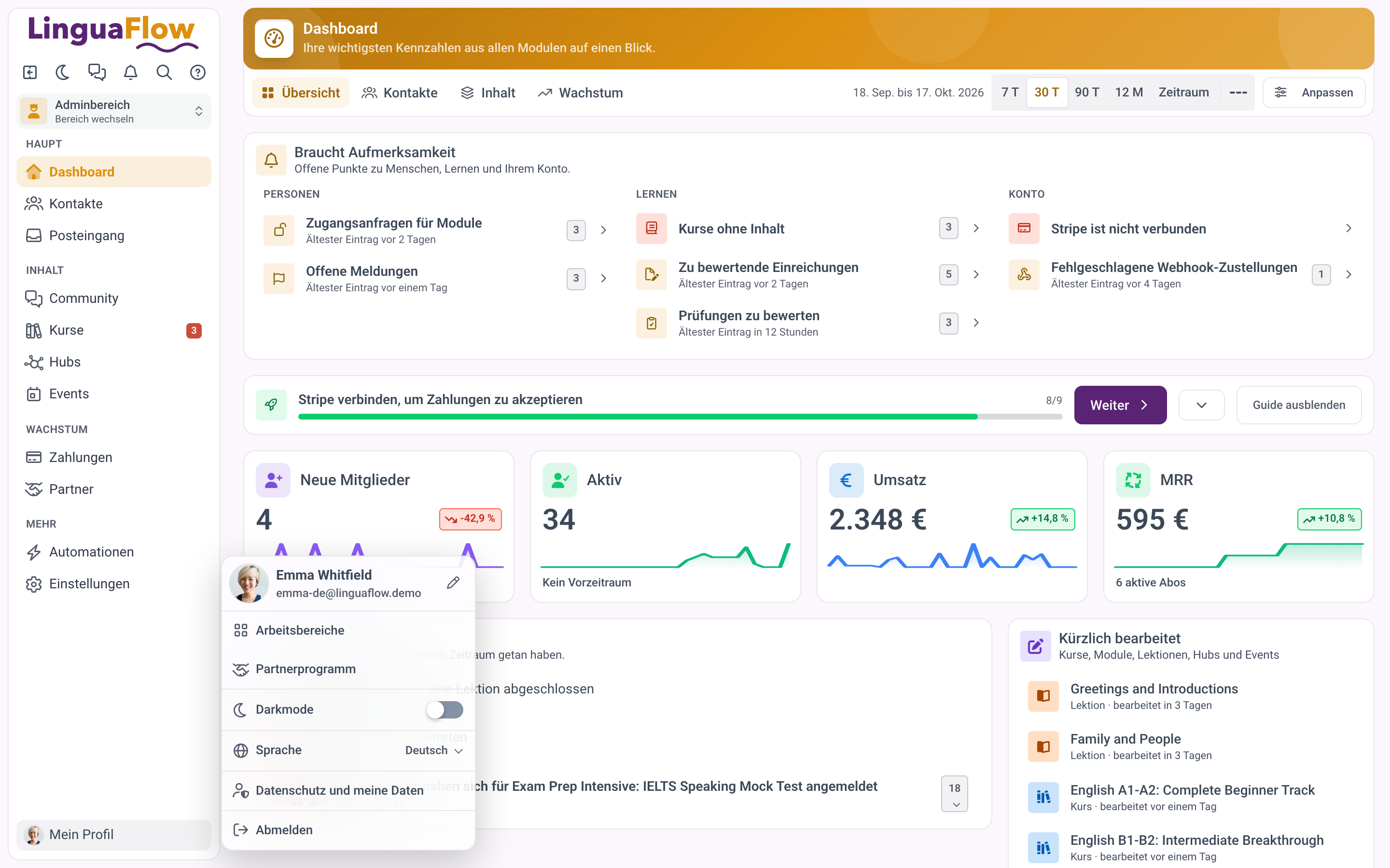 Das Kontomenü mit Profil, Arbeitsbereichen, Darkmode und Sprache