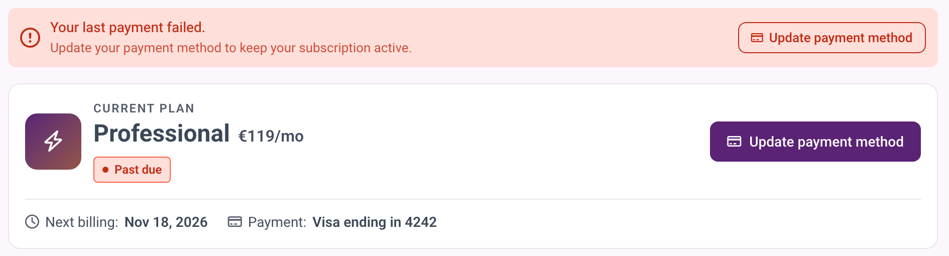 The notice after a failed payment with the button to update the payment method.