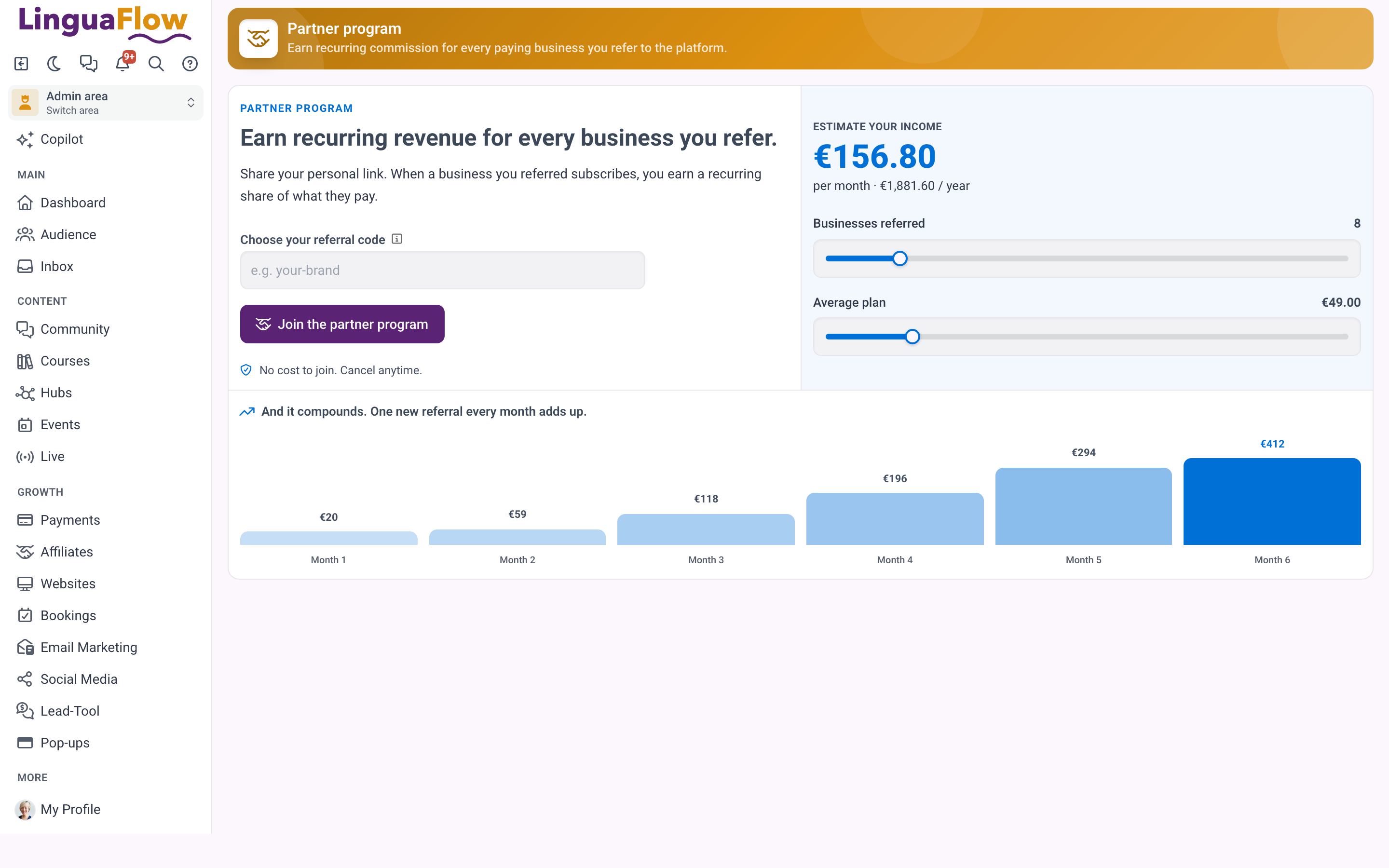 The partner portal with the overview, link, referrals, commissions, payouts and materials tabs