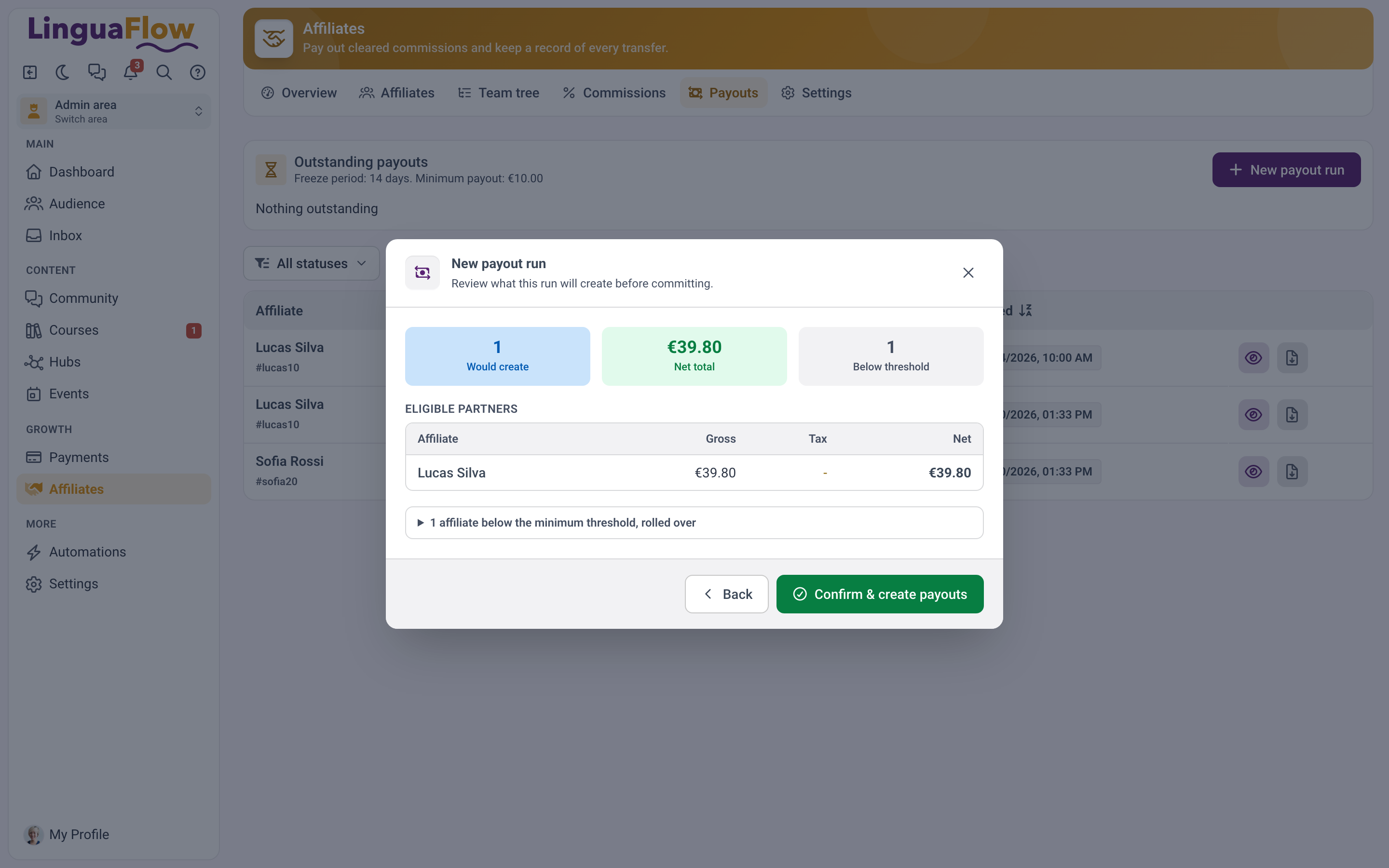 The New payout run dialog in the preview step with the partner list and the Below threshold marker.
