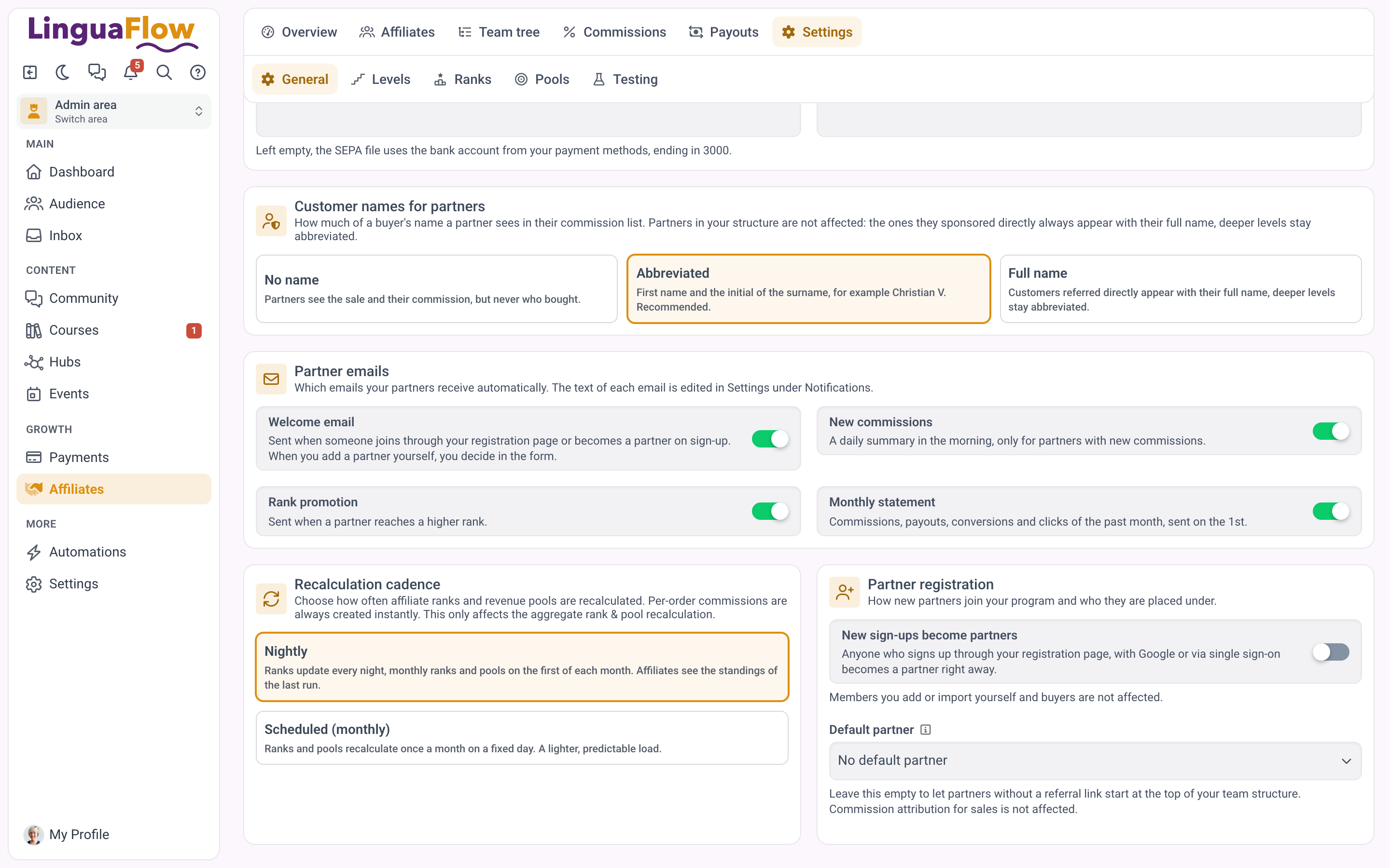 Sekcja e-maili do partnerów z przełącznikami e-maila powitalnego, prowizji, rangi i zestawienia.