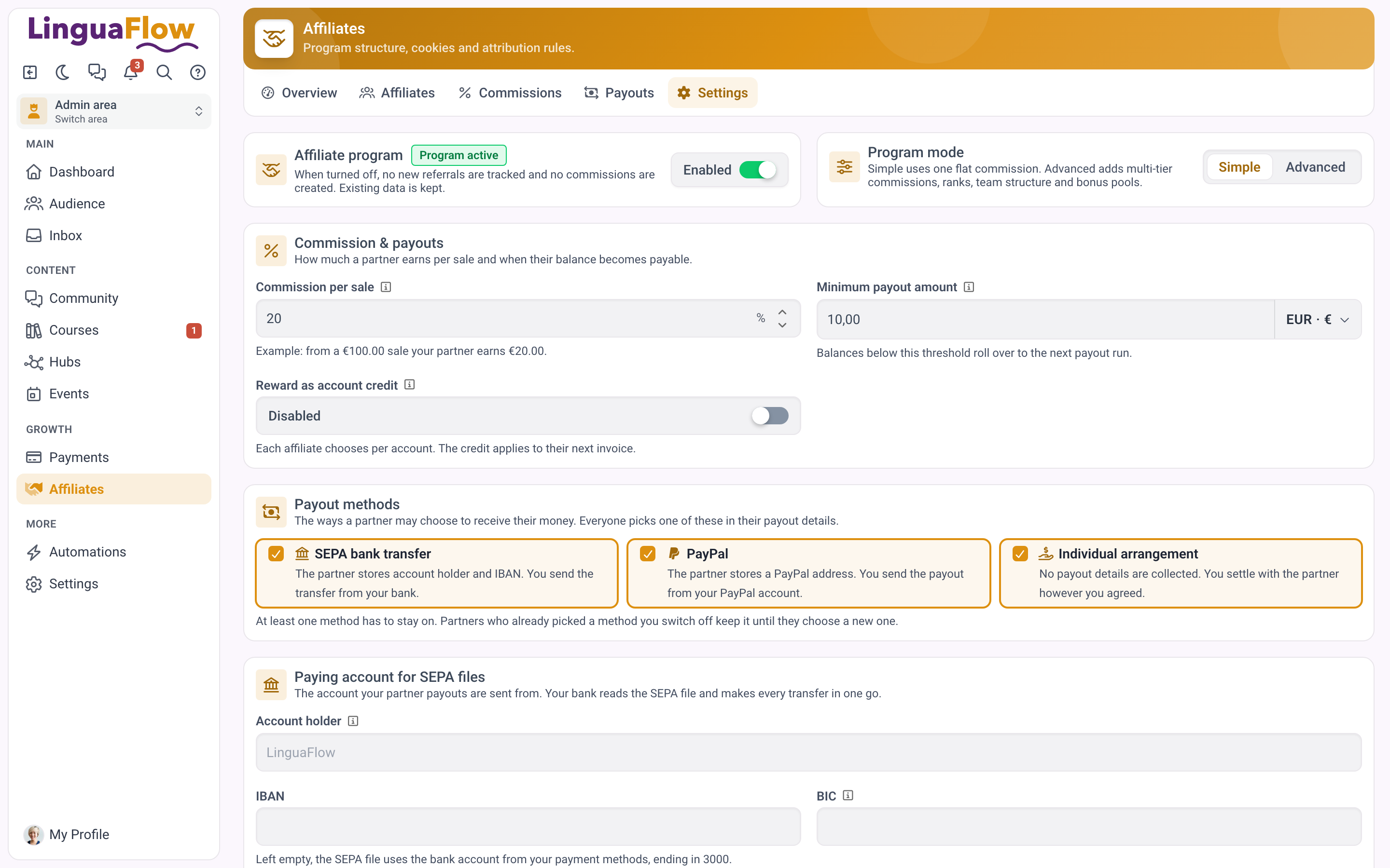 De partnerinstellingen in de eenvoudige modus met de programmaschakelaar, de programmamodus en de commissie per verkoop.