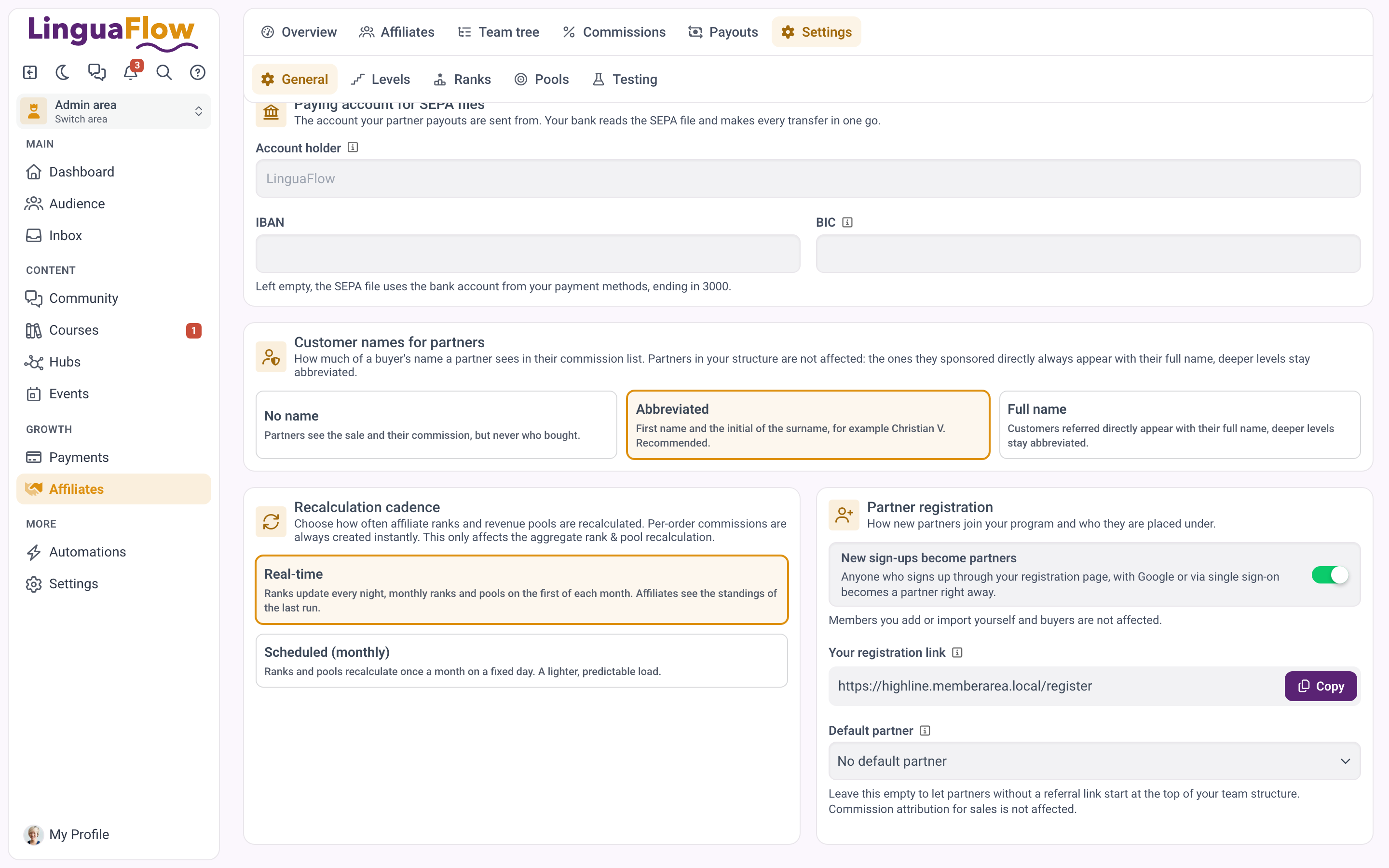 Het vak Partnerregistratie met Nieuwe registraties worden partner ingeschakeld en de registratielink klaar om te kopiëren.