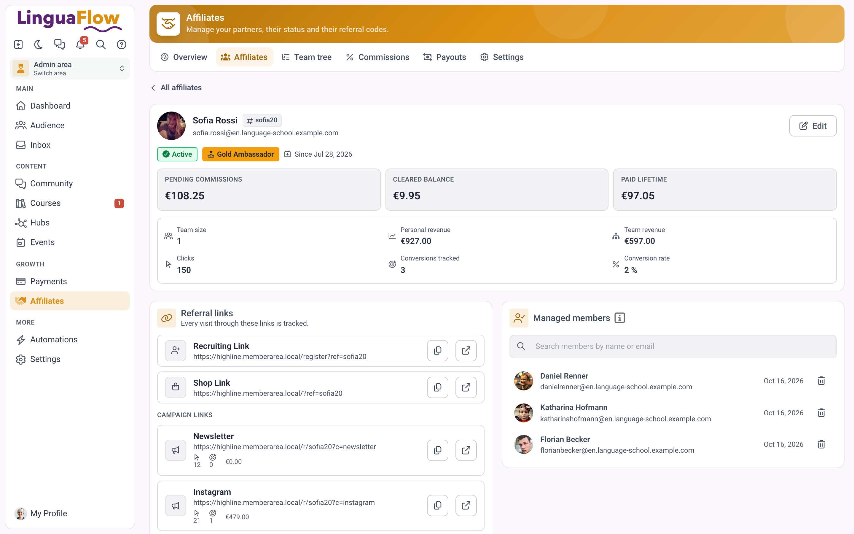 A partner page with revenue, team and balance figures, the referral links and the managed members.