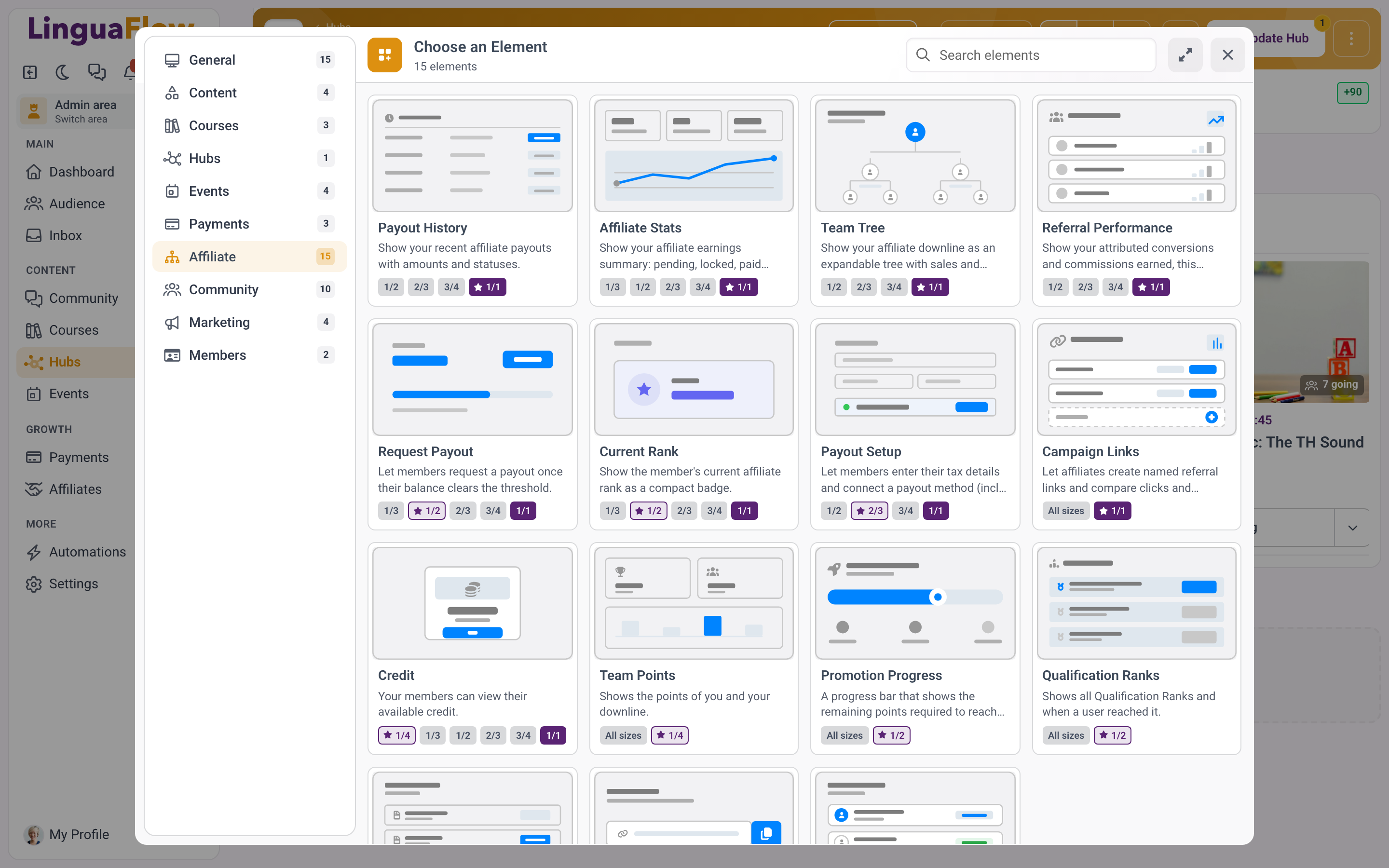 Wybór elementów przefiltrowany do kategorii Partner z elementami partnerskimi dla hubów i dashboardu.