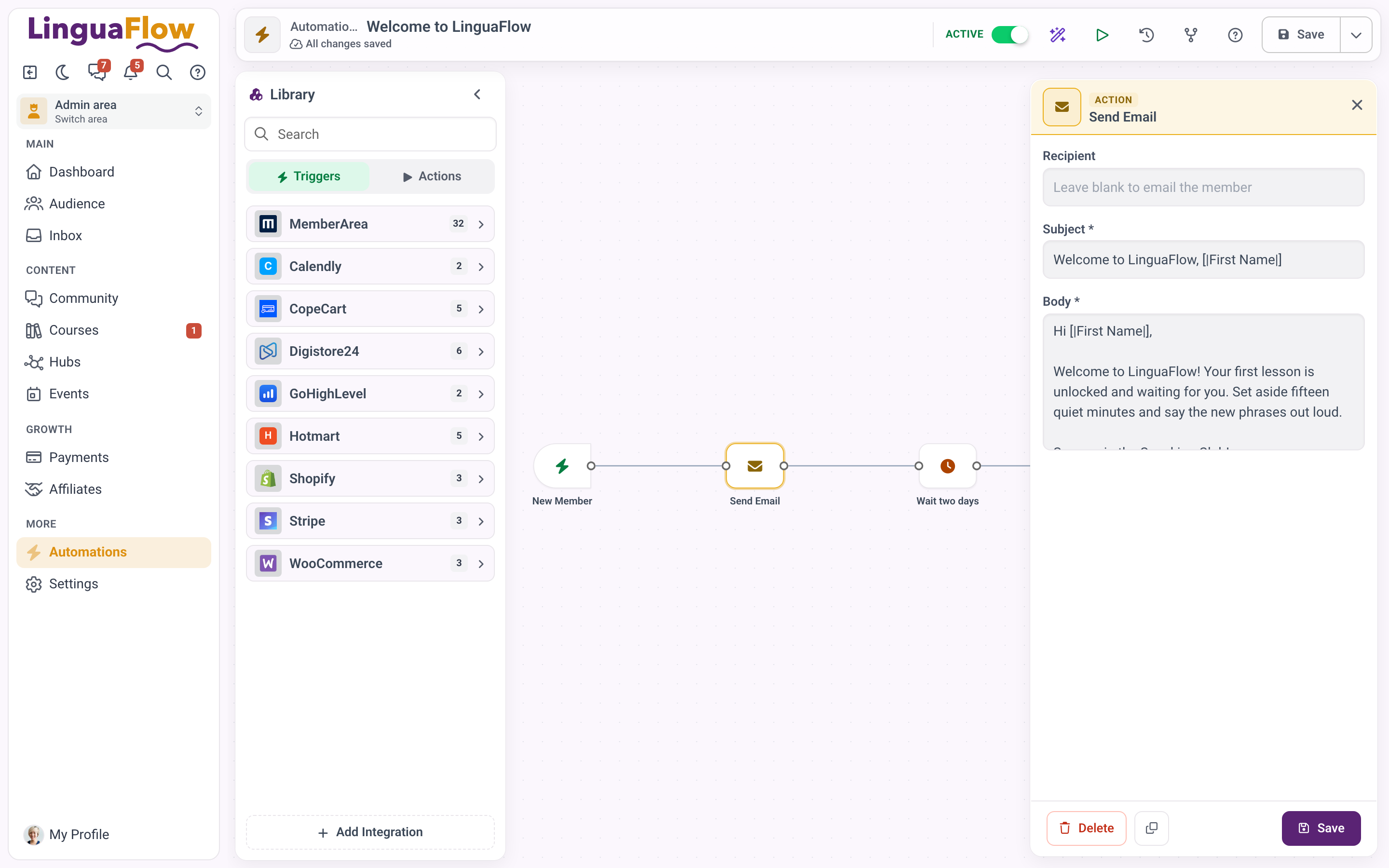 The automation editor with the library on the left, a connected flow on the canvas and the inspector of an email step on the right.