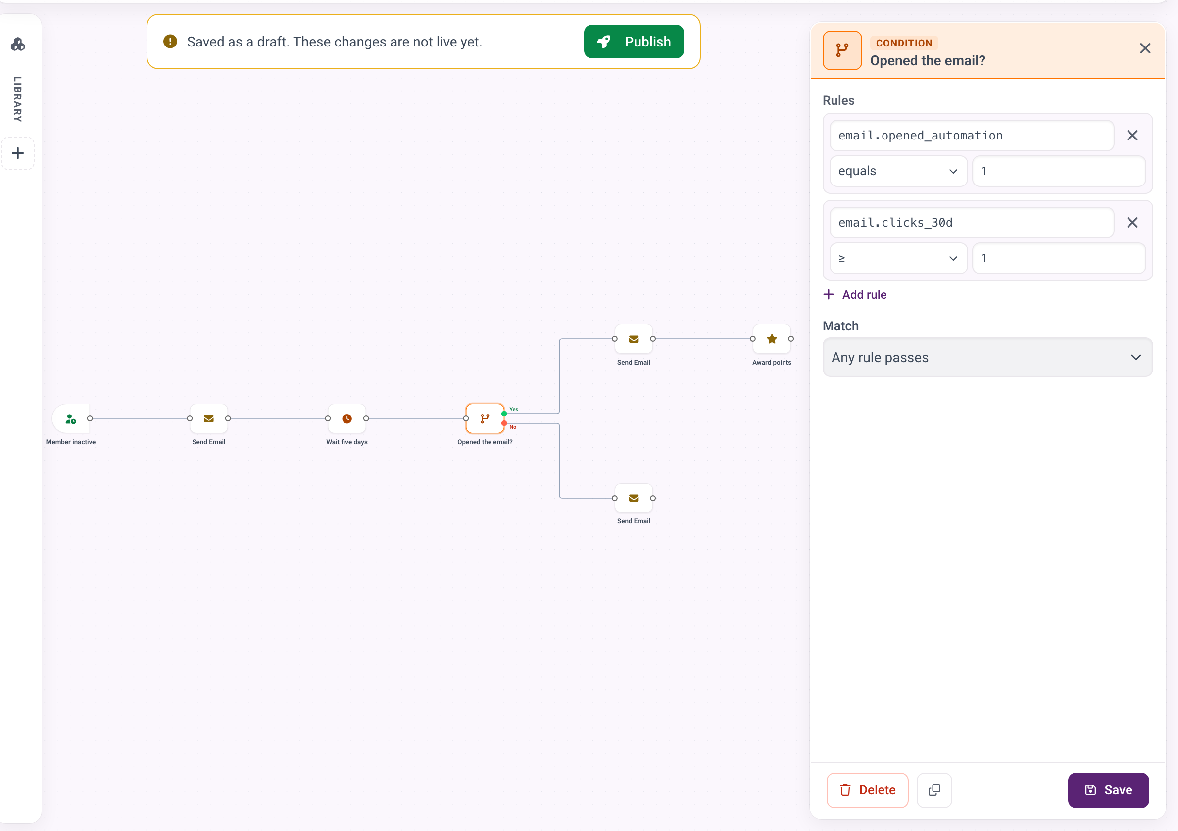 A Condition step with two rules on email opens and clicks, the Match setting and the Yes and No exits on the canvas.