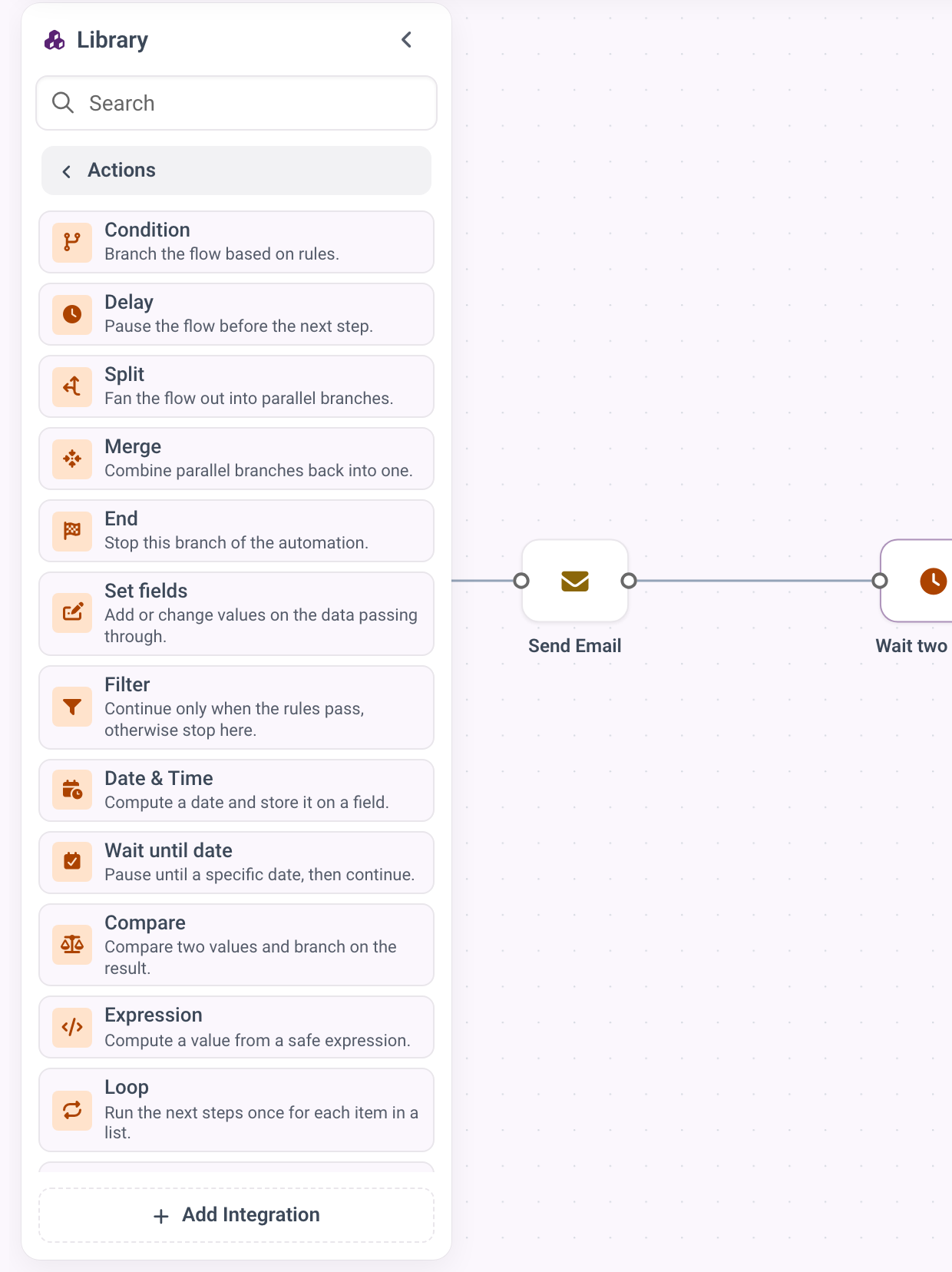 The Actions tab of the library with the Control section listing condition, delay, split, merge, loop and the other flow steps.