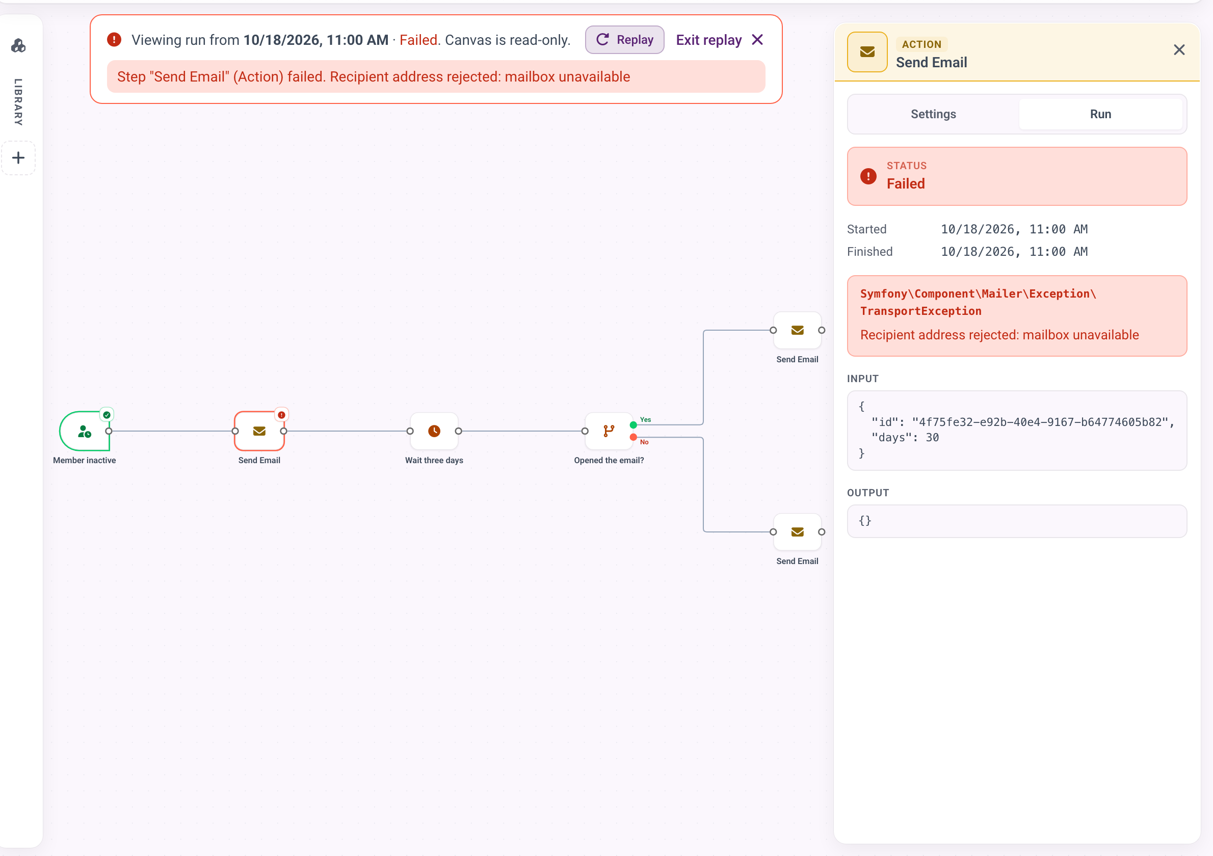 A failed run on the read-only canvas, with the failed email step selected and its error shown in the Run tab.