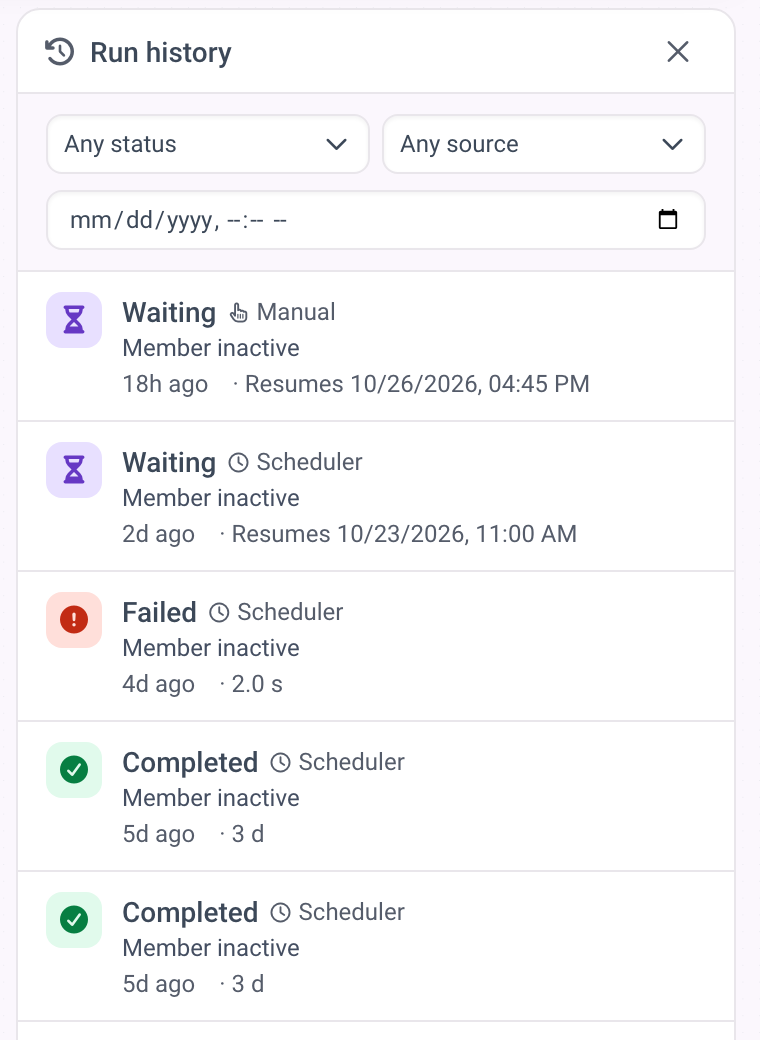 The Run history panel with waiting, failed and completed runs, their source, start time and duration.