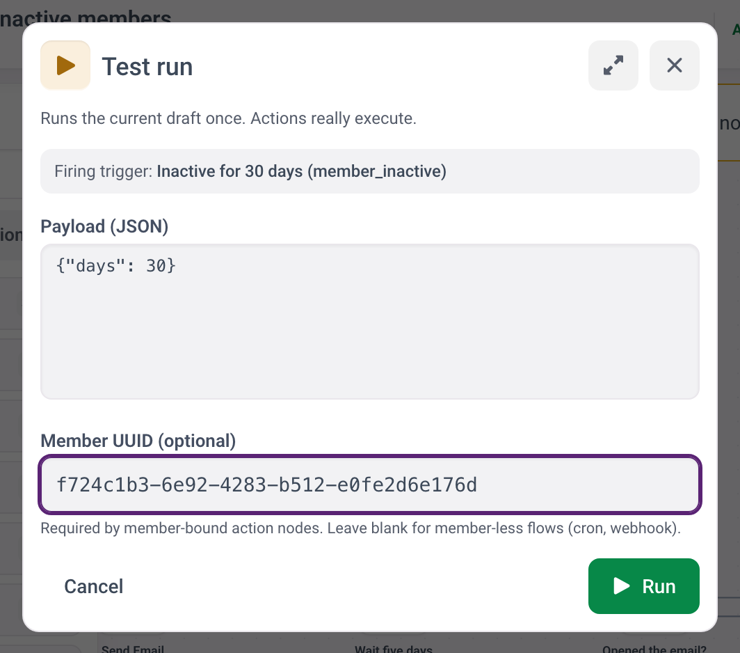 The Test run dialog with the payload as JSON and the member UUID filled in, ready to run.
