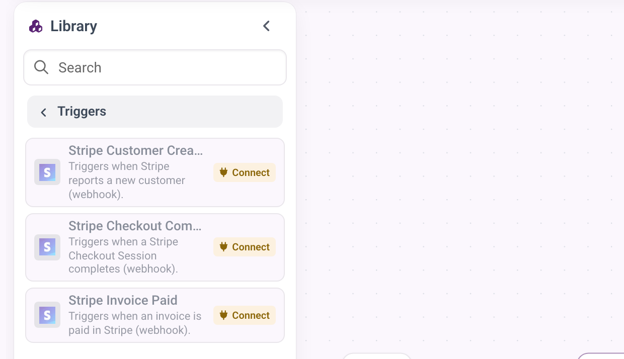 The Stripe triggers in the library, greyed out with the Connect chip because Stripe is not connected yet.