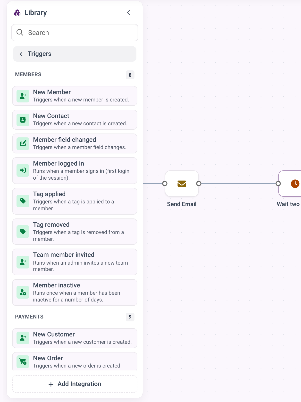 The library on the Triggers tab with the MemberArea triggers grouped by area, starting with members and payments.