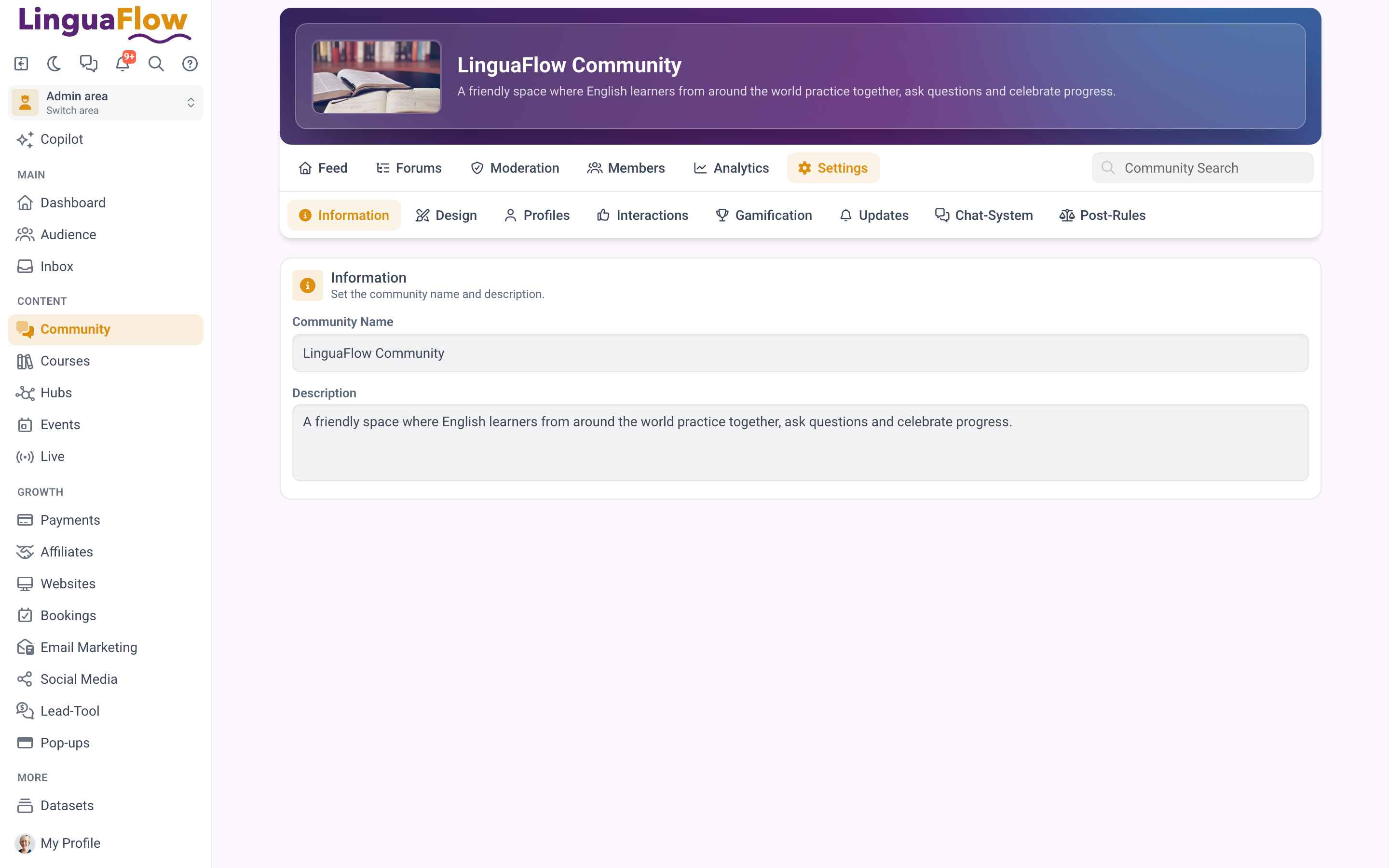 The community settings with its tabs