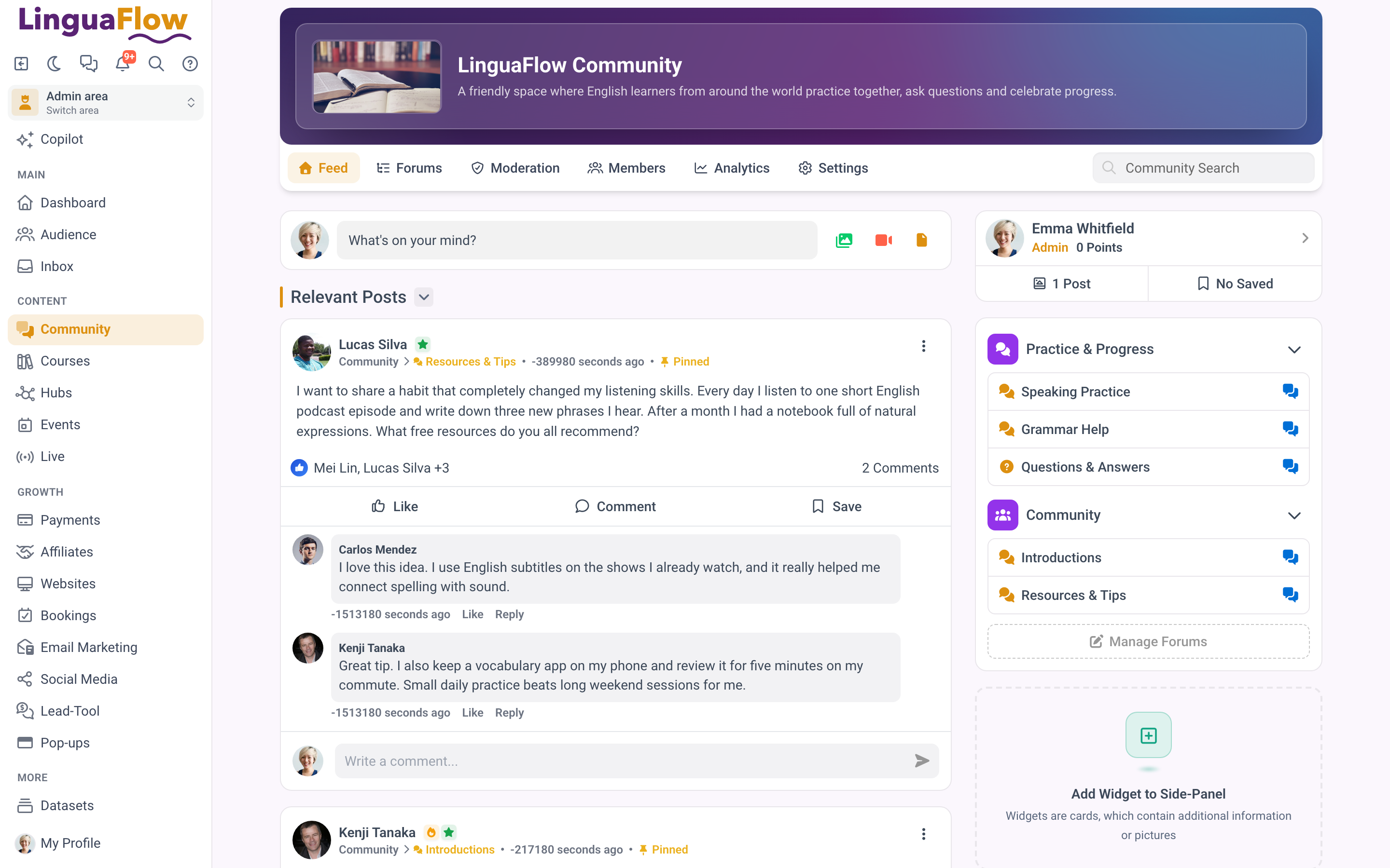 The community feed with a post open