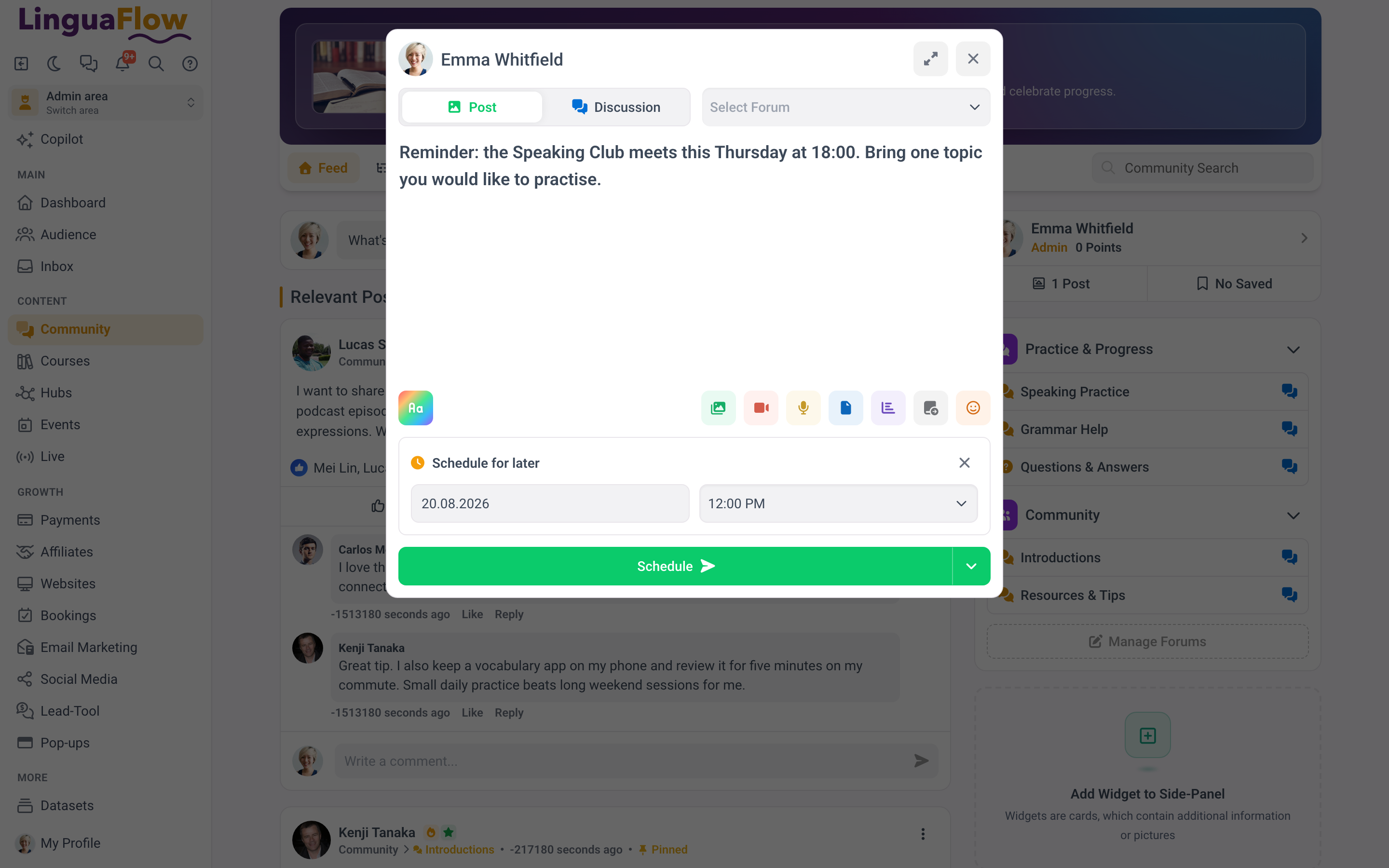 The scheduling dialog on a post