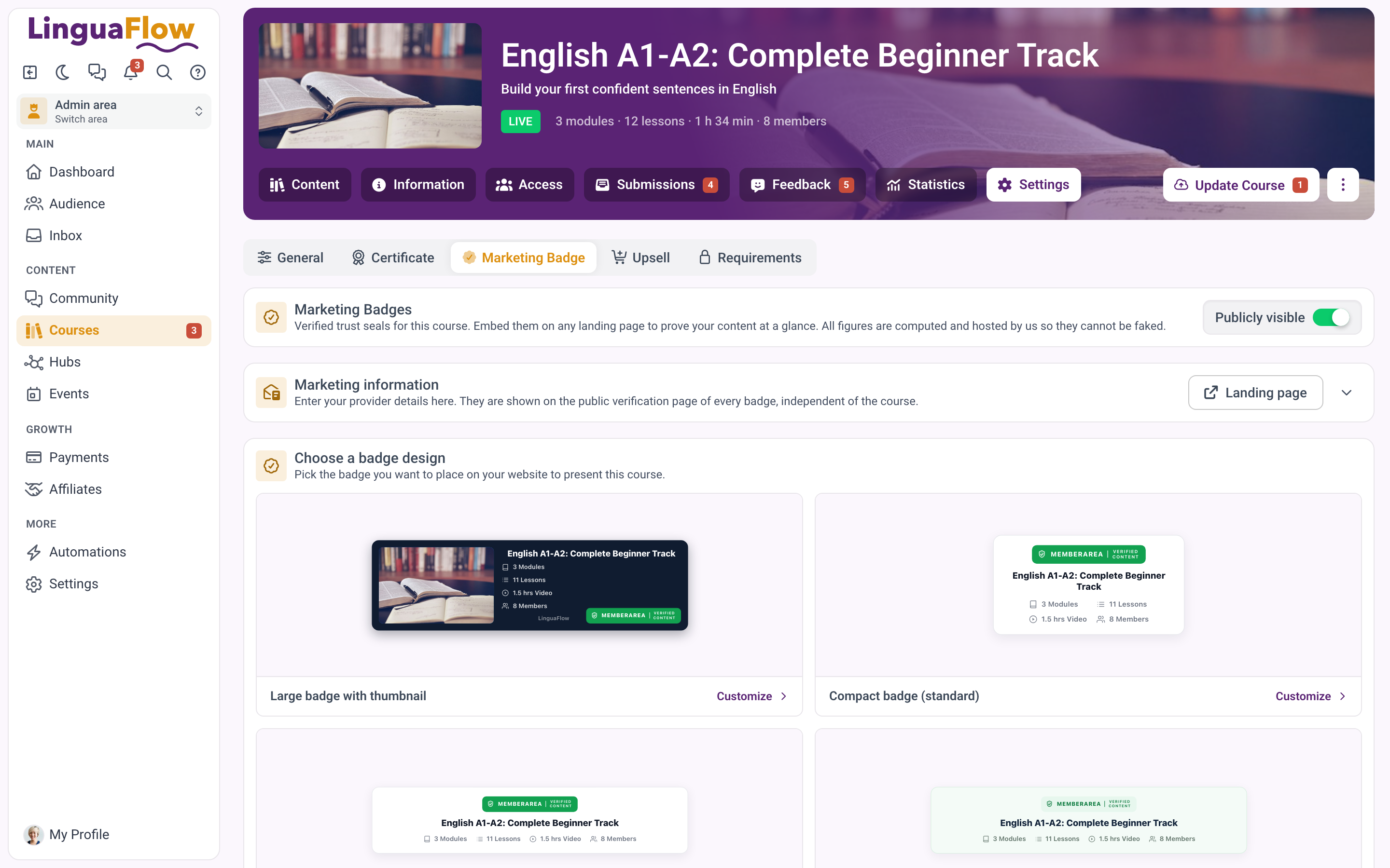 The marketing badge settings of a course with the badge designs to choose from.