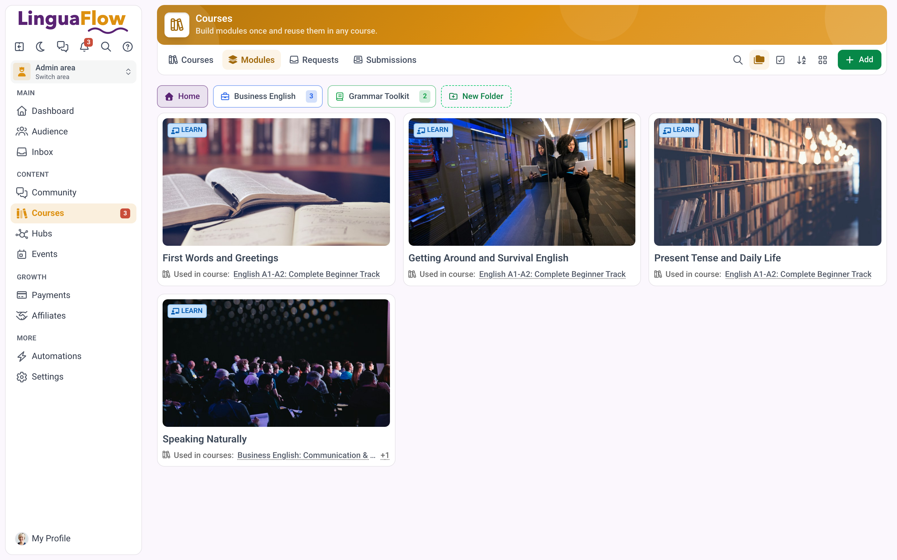 The module library with folders and the courses each module is used in.