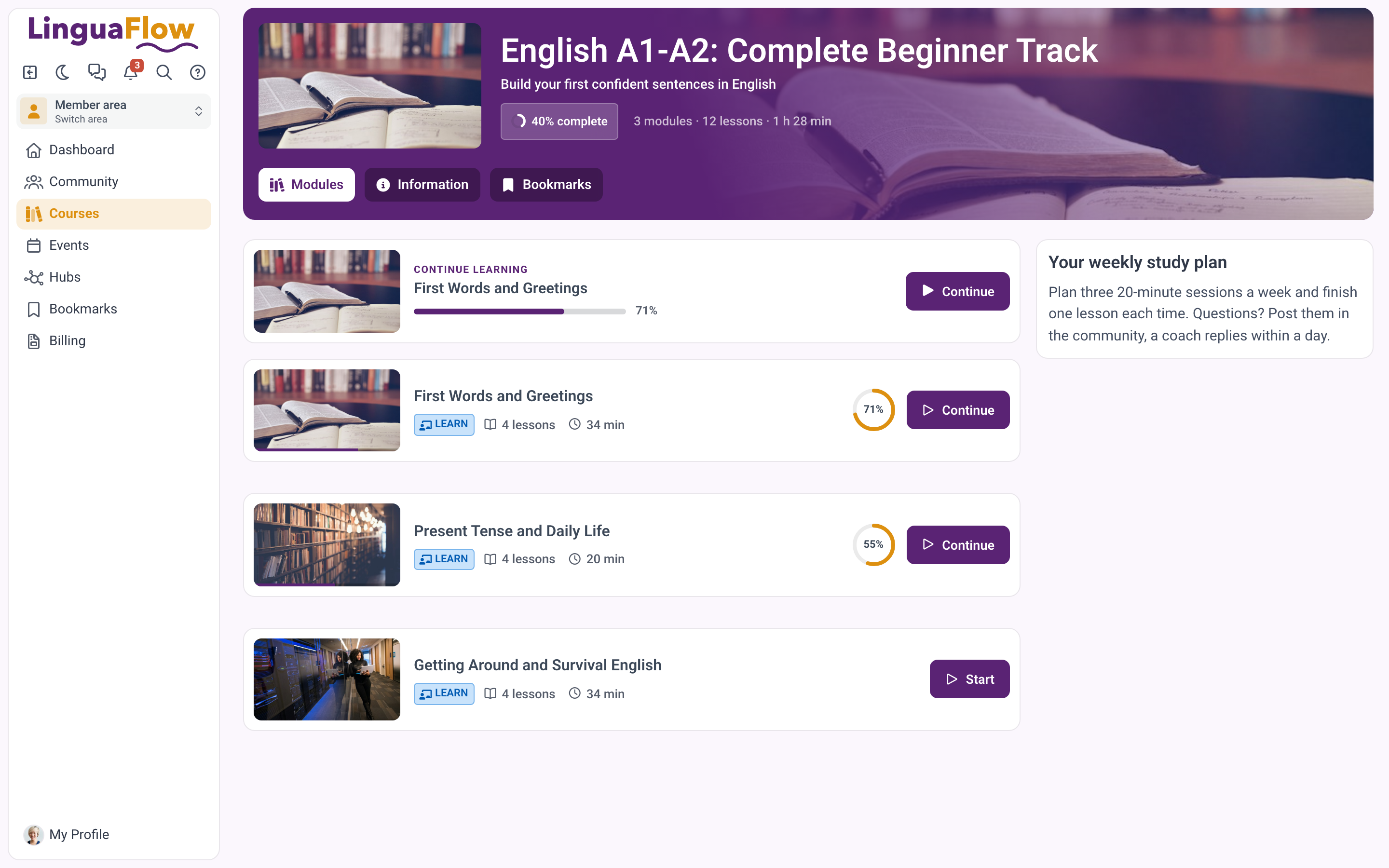 A course page as a member sees it, with progress, Continue learning and the side panel.