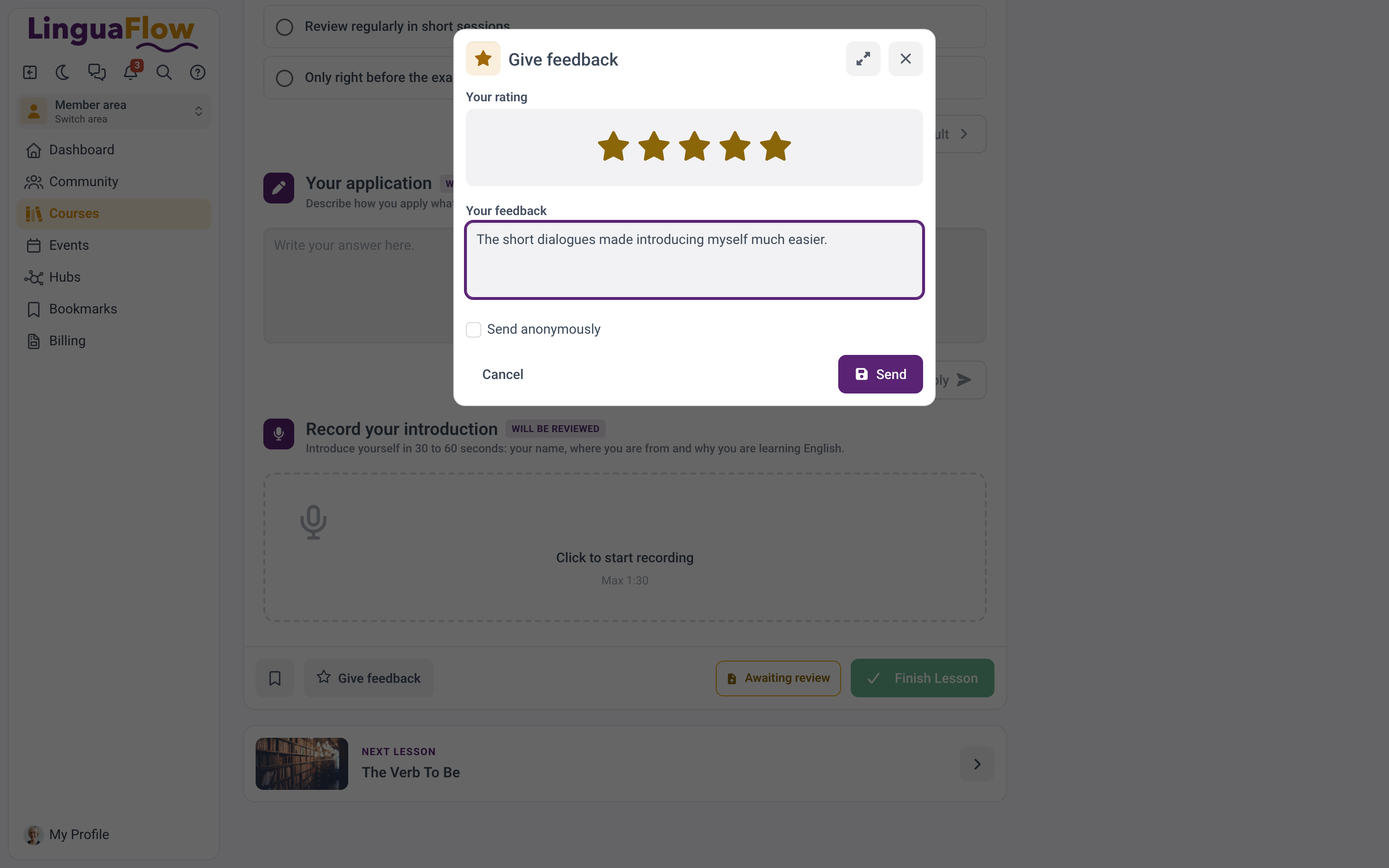 A lesson page with the bookmark button and the feedback dialog open.
