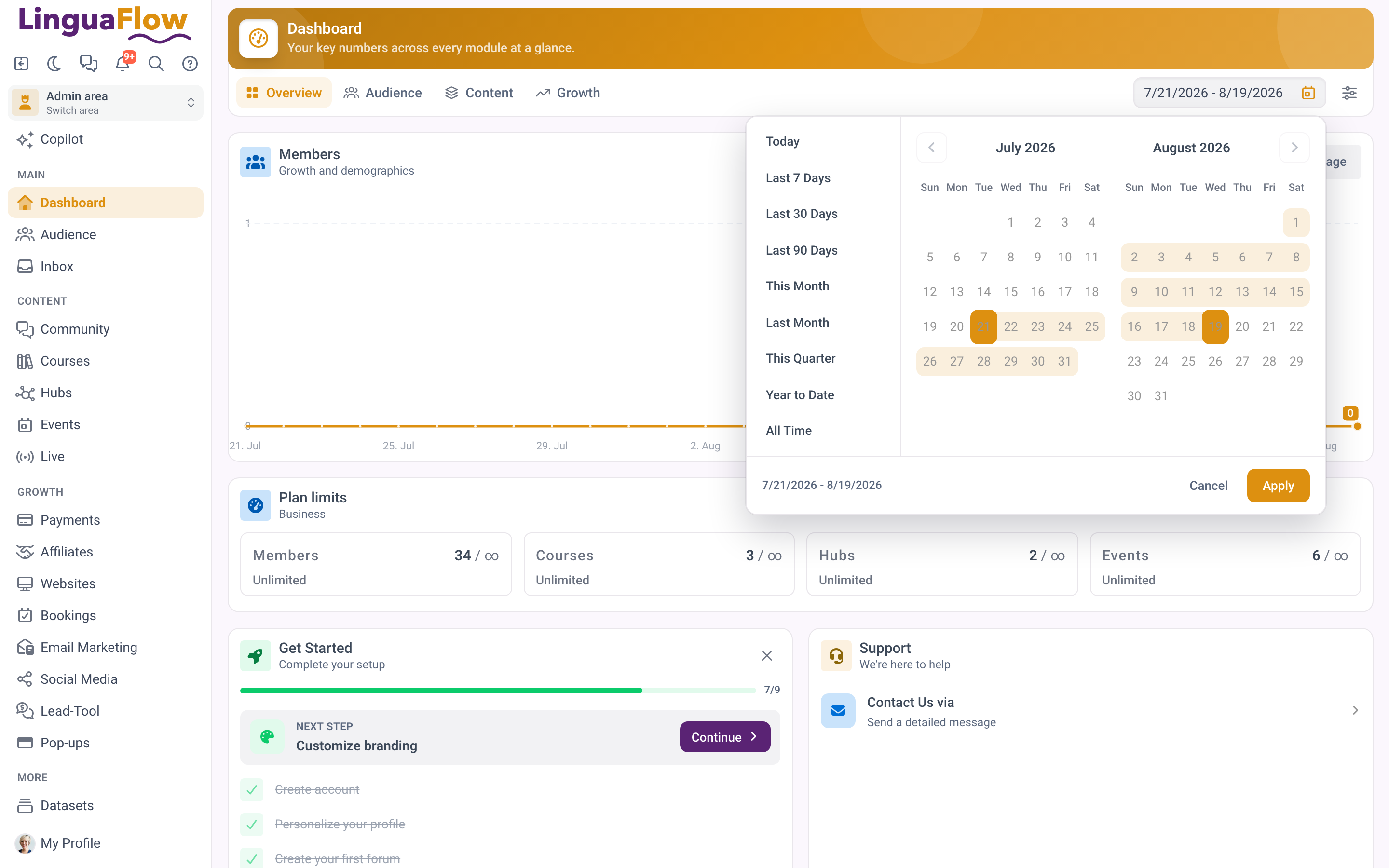 The date picker open in the dashboard header