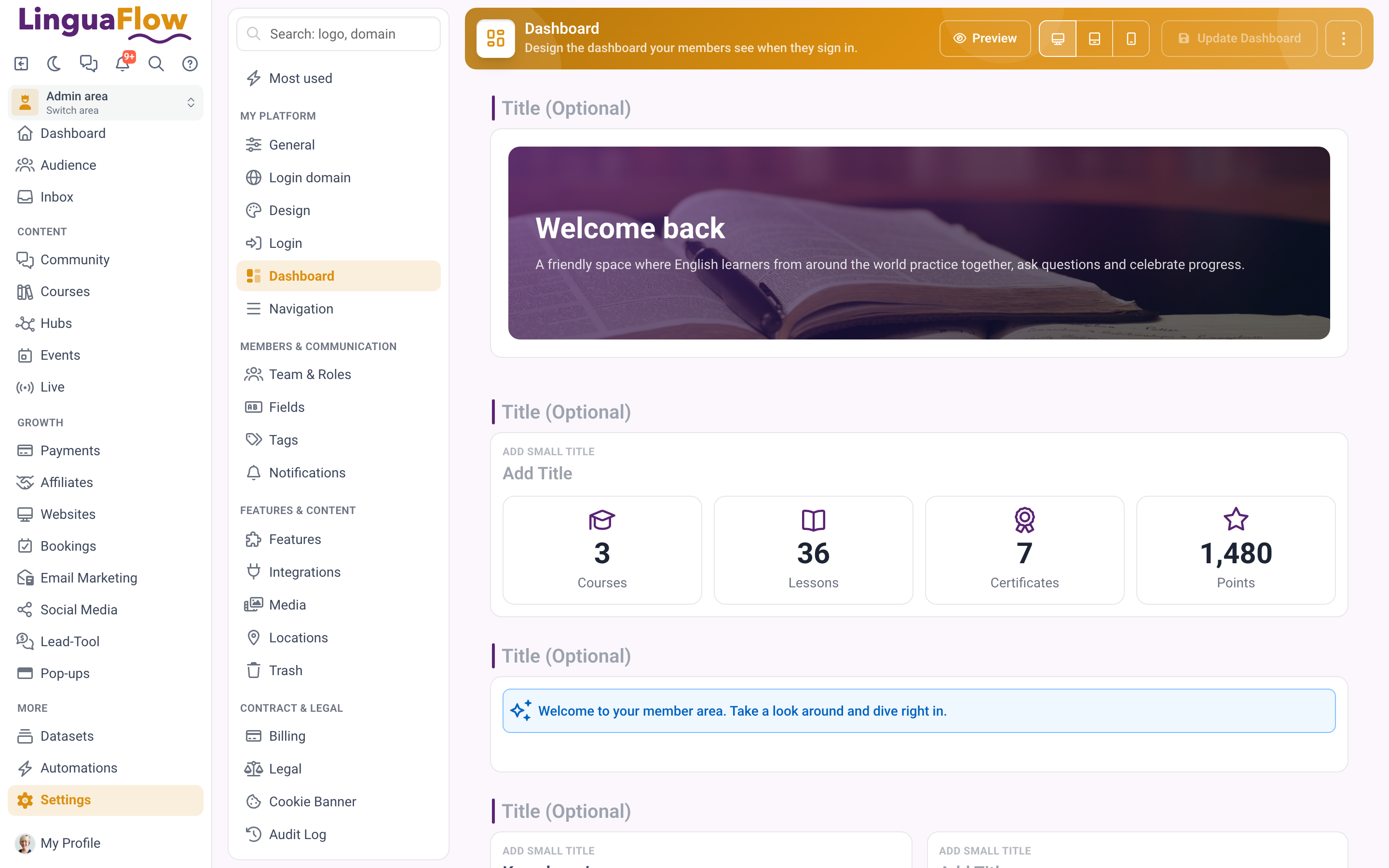 The member dashboard editor with its rows and elements