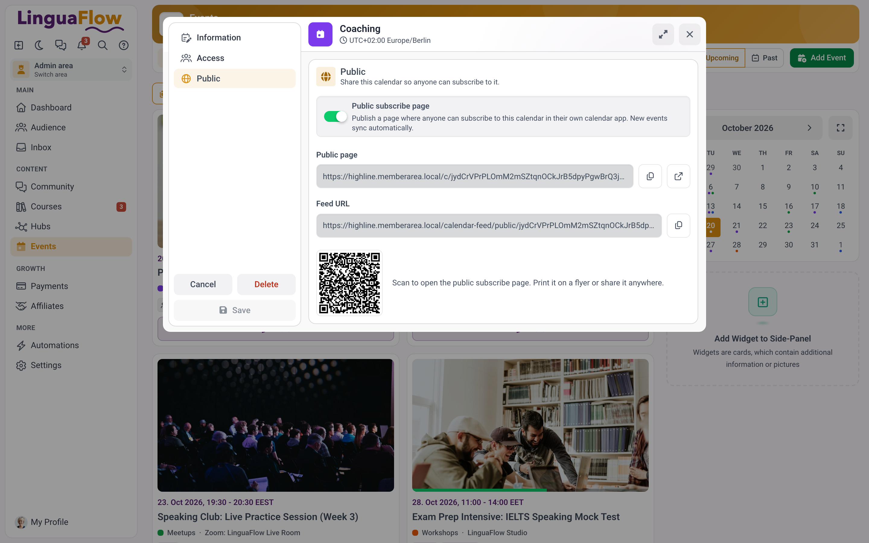 Das Kalenderformular mit eingeschaltetem Abschnitt Öffentlich, der die öffentliche Seite, die Feed-URL und den QR-Code zeigt.