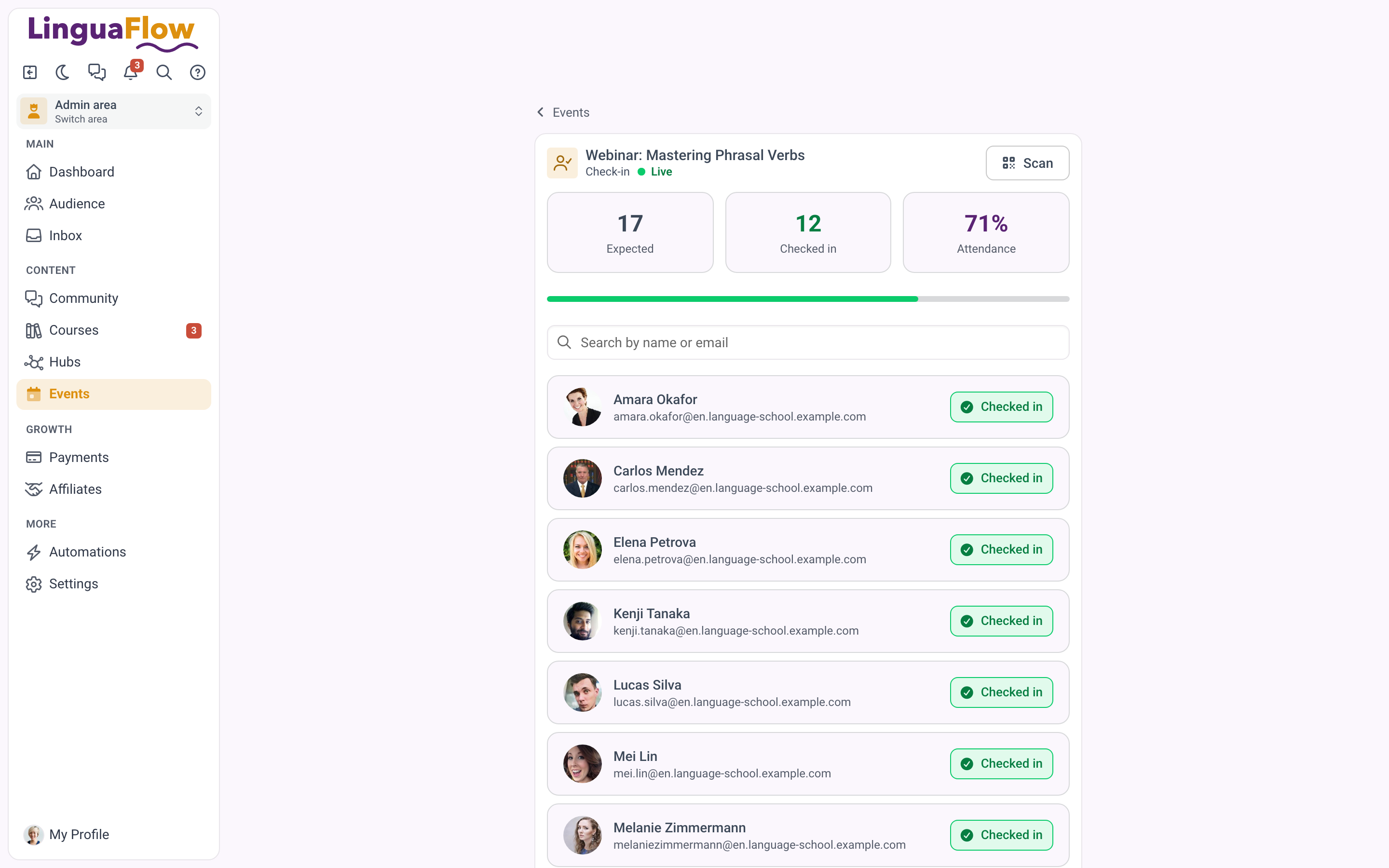 The check-in page with the expected and checked-in numbers, the attendance rate, the search and the list of checked-in guests.