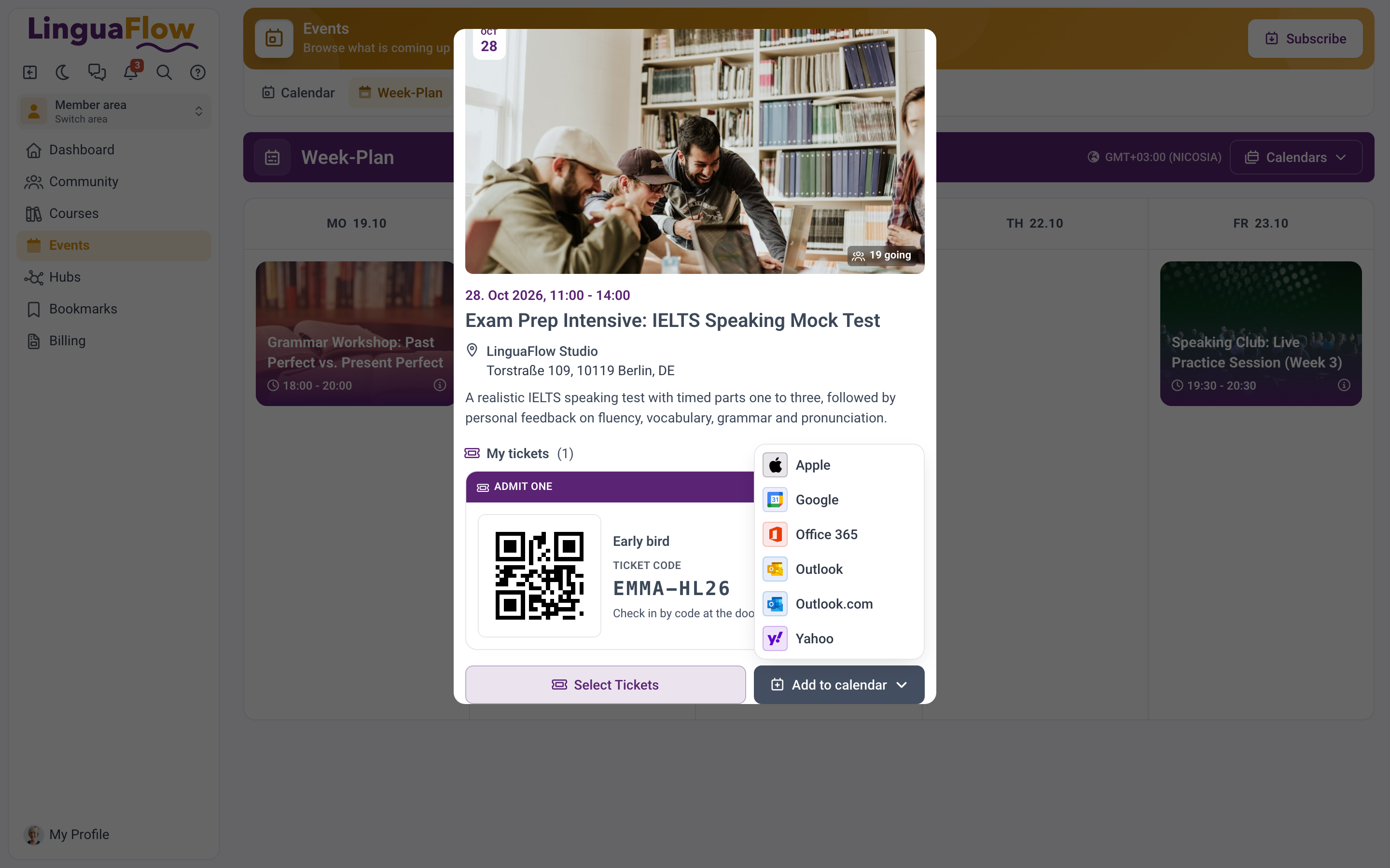 Wydarzenie w strefie członkowskiej z biletem, przyciskiem Wybierz bilety i menu Dodaj do kalendarza z opcjami Apple, Google, Office 365, Outlook, Outlook.com i Yahoo.