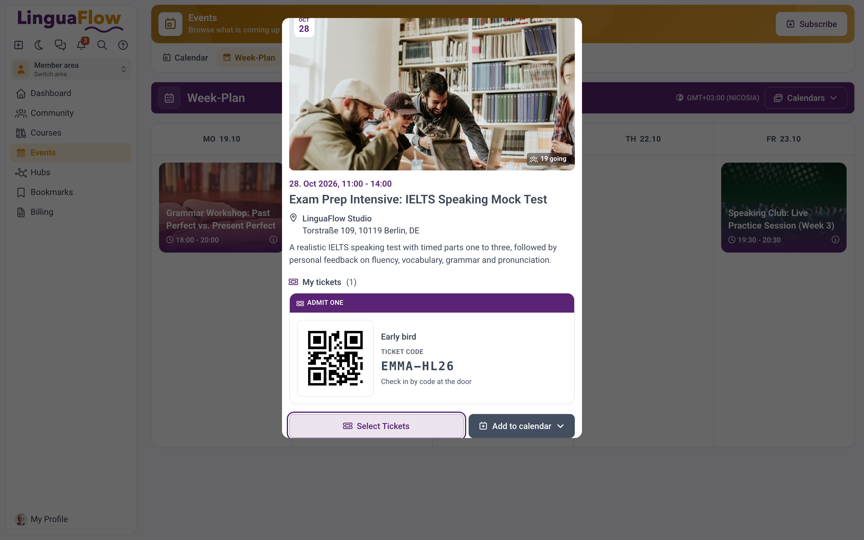 The My tickets view with a ticket card showing the QR code and the ticket code.