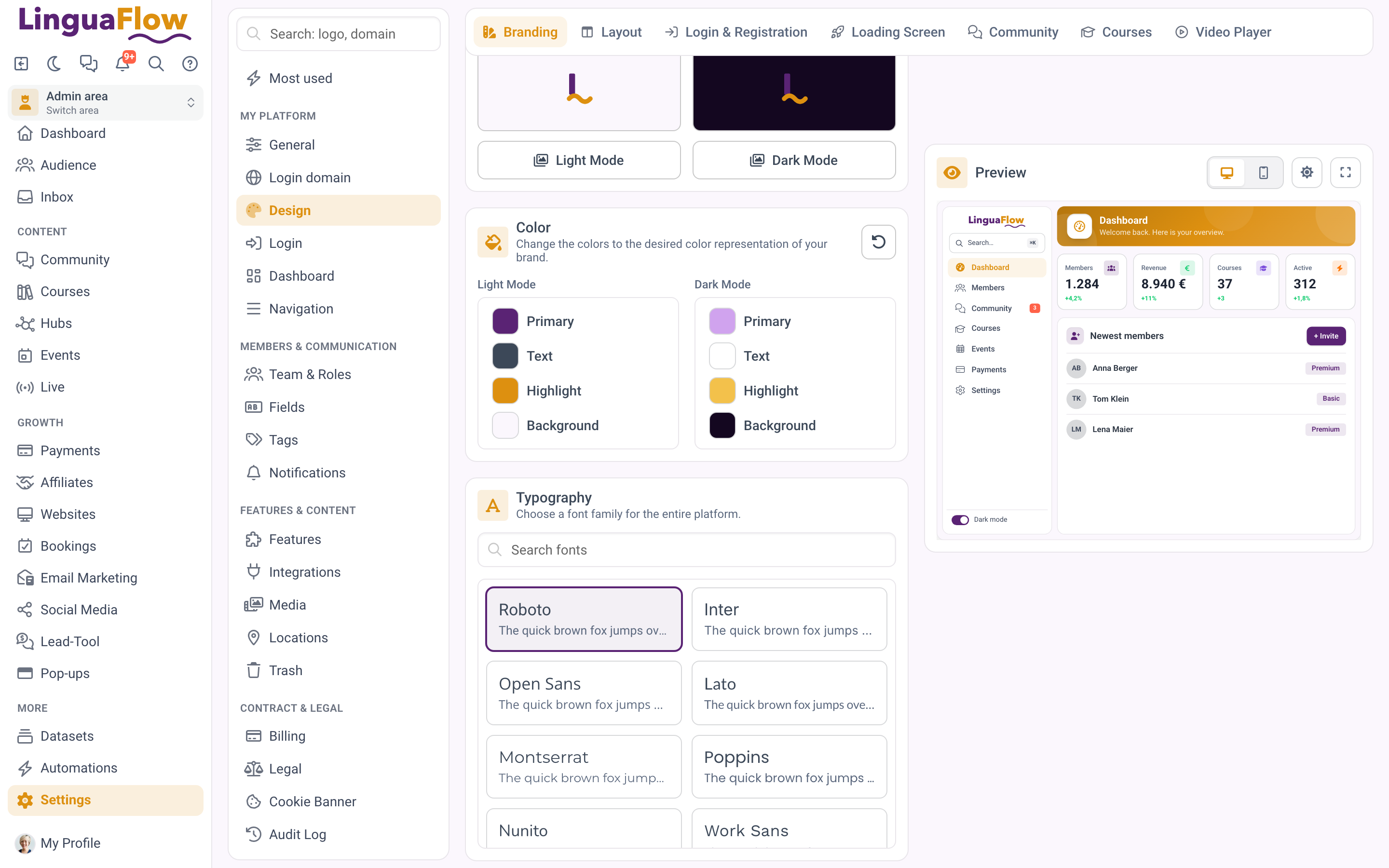 The colour settings for light and dark mode