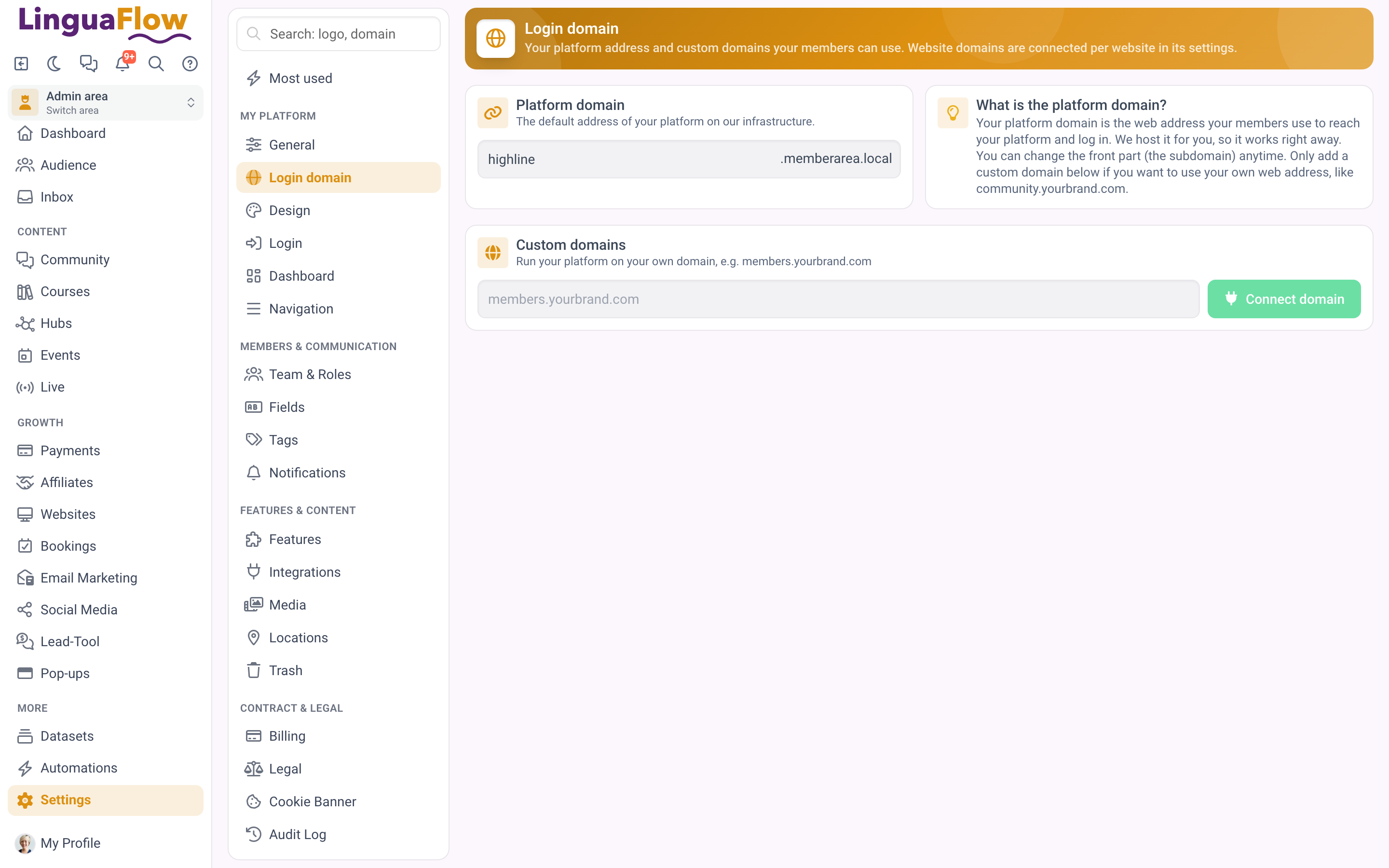 The domain settings showing a connected domain
