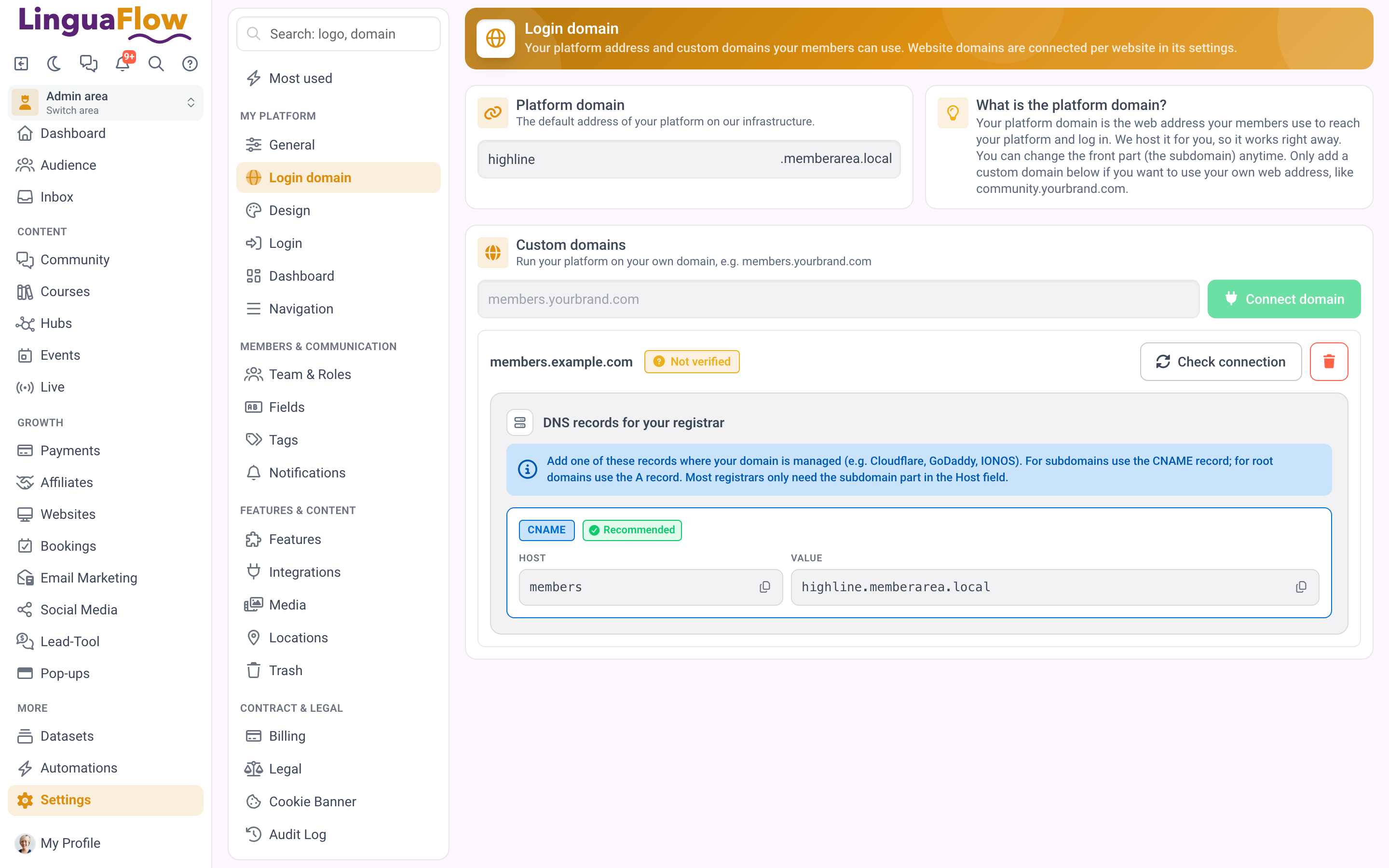 The domain settings with the current address and the connection form