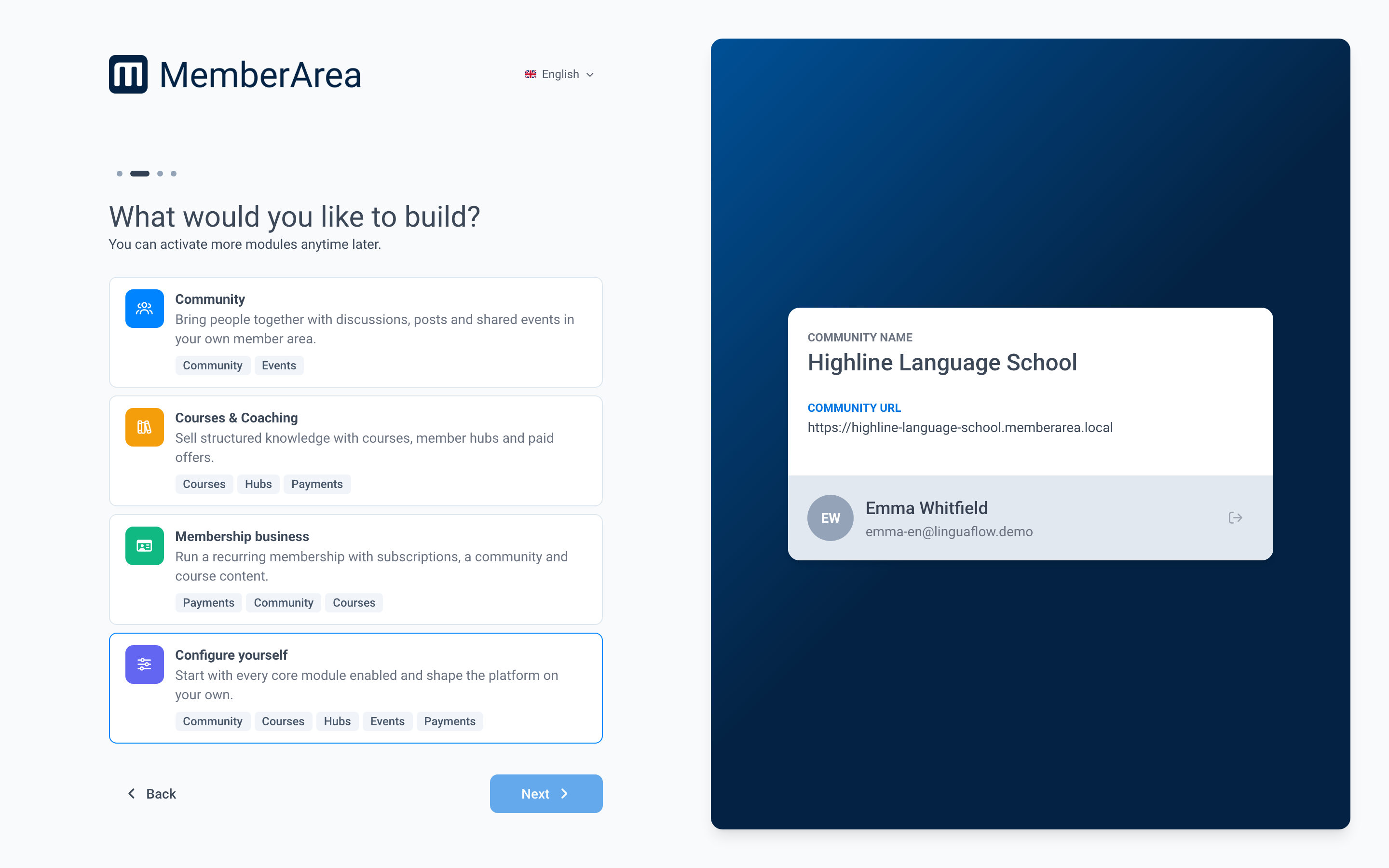 The setup step What would you like to build? with four setup types