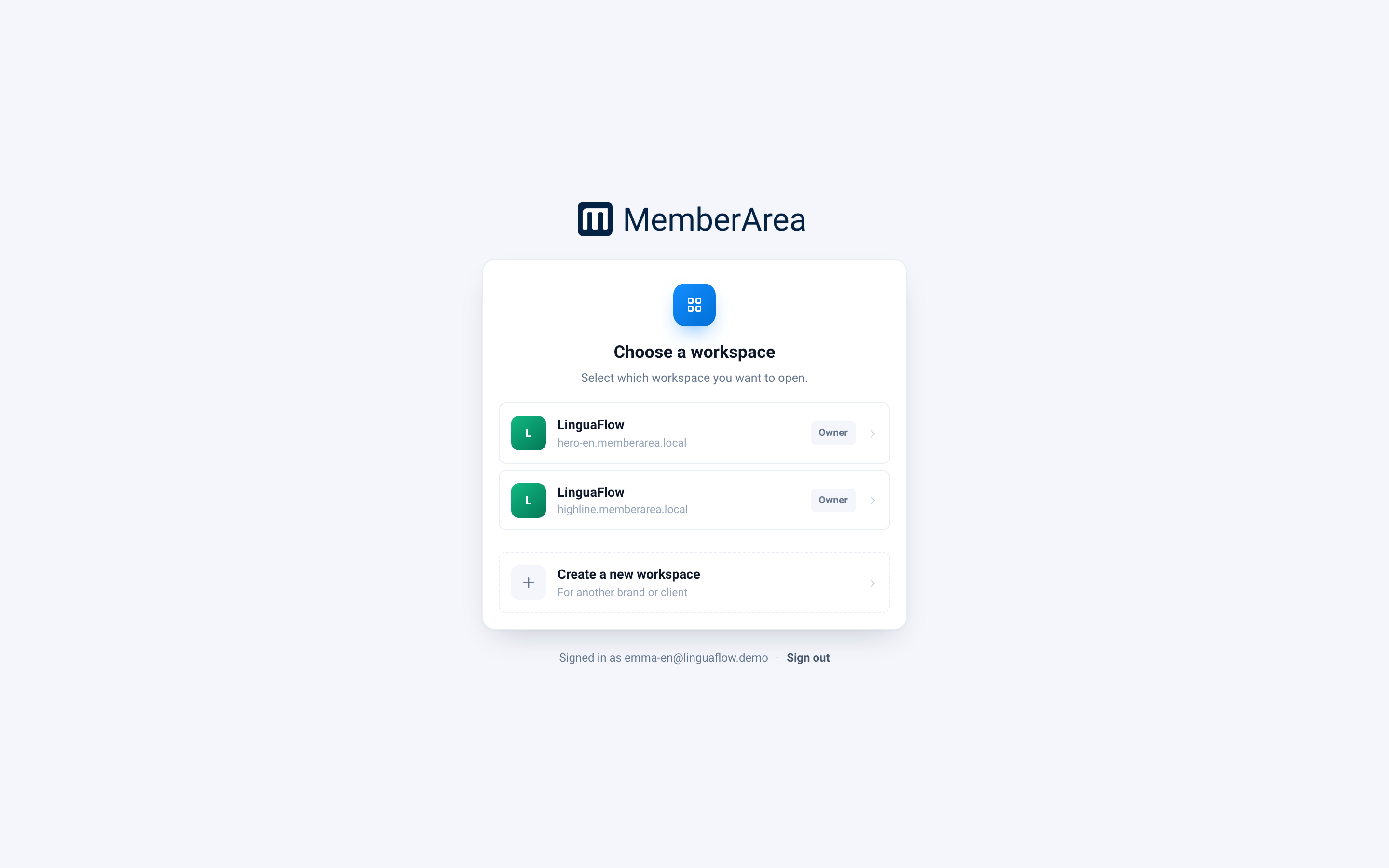 The workspace list with Create a new workspace