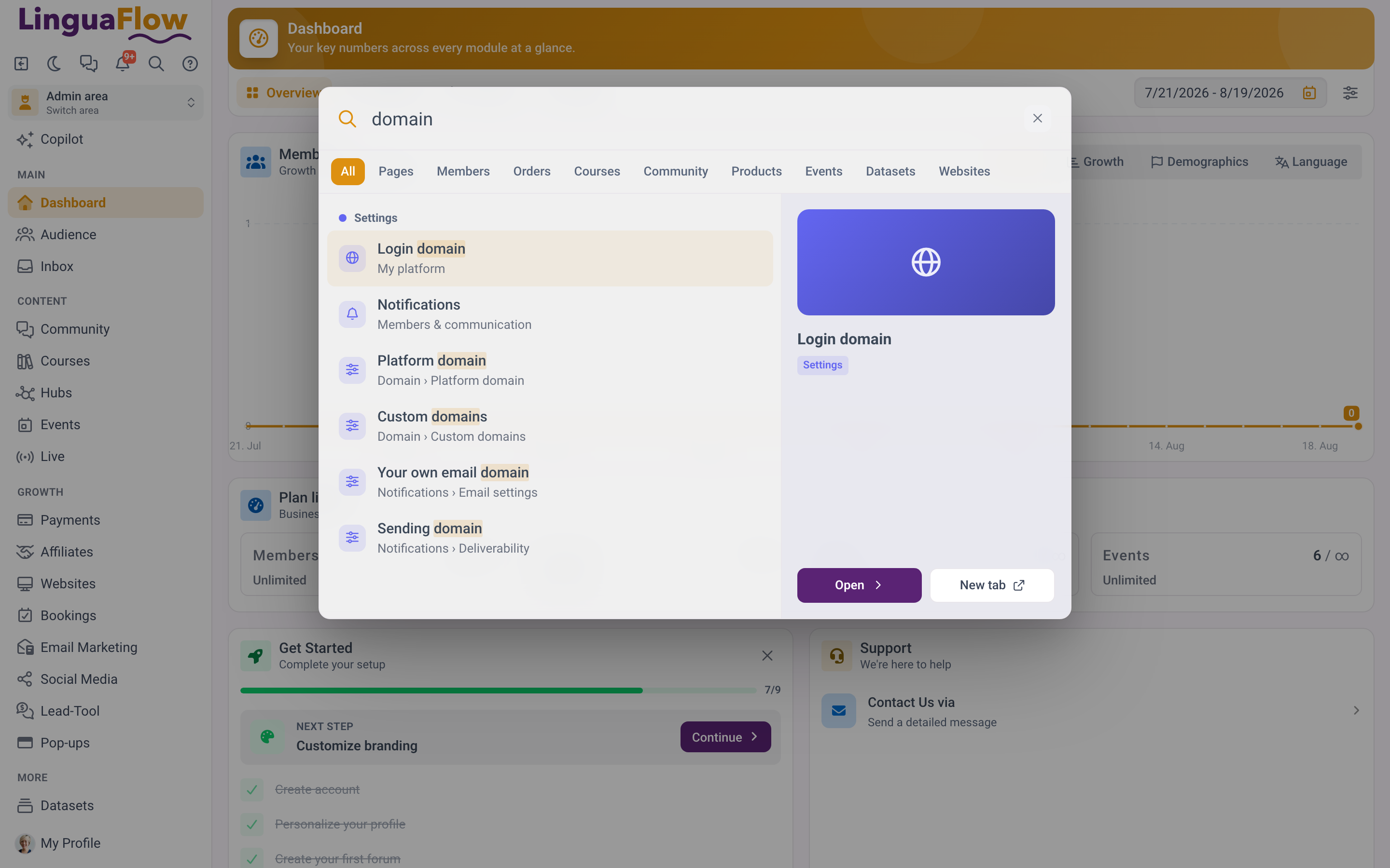 The global search open over the dashboard
