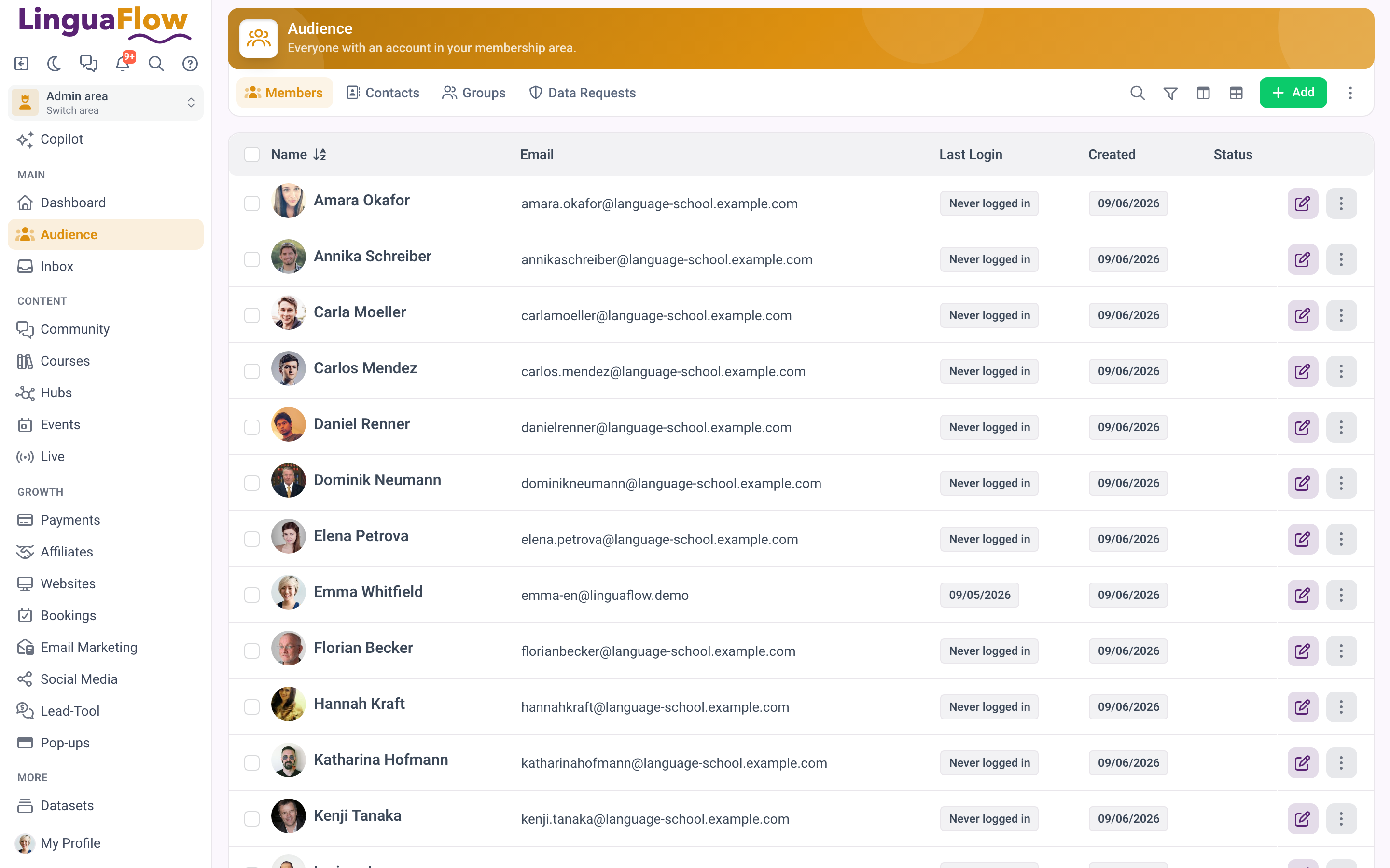 A list with its search, filters and columns