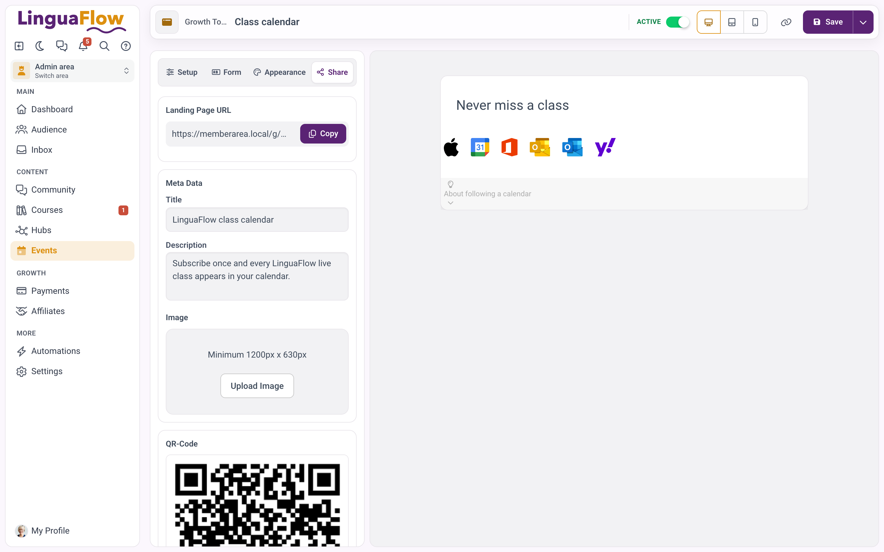 La pestaña Compartir con la URL de la landing page, los metadatos y el código QR.