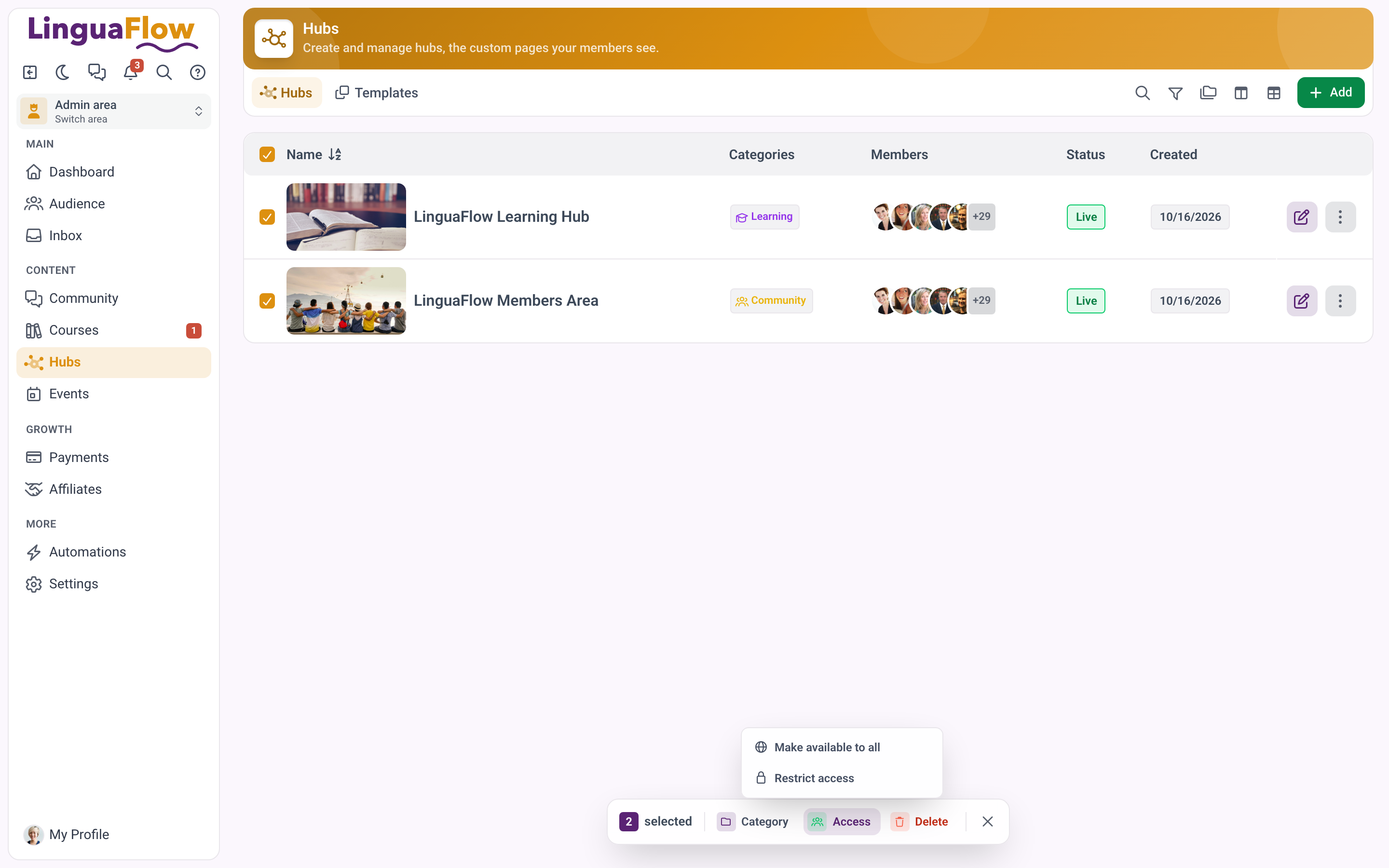 La barra de acciones masivas con Poner a disposición de todos y Restringir acceso.