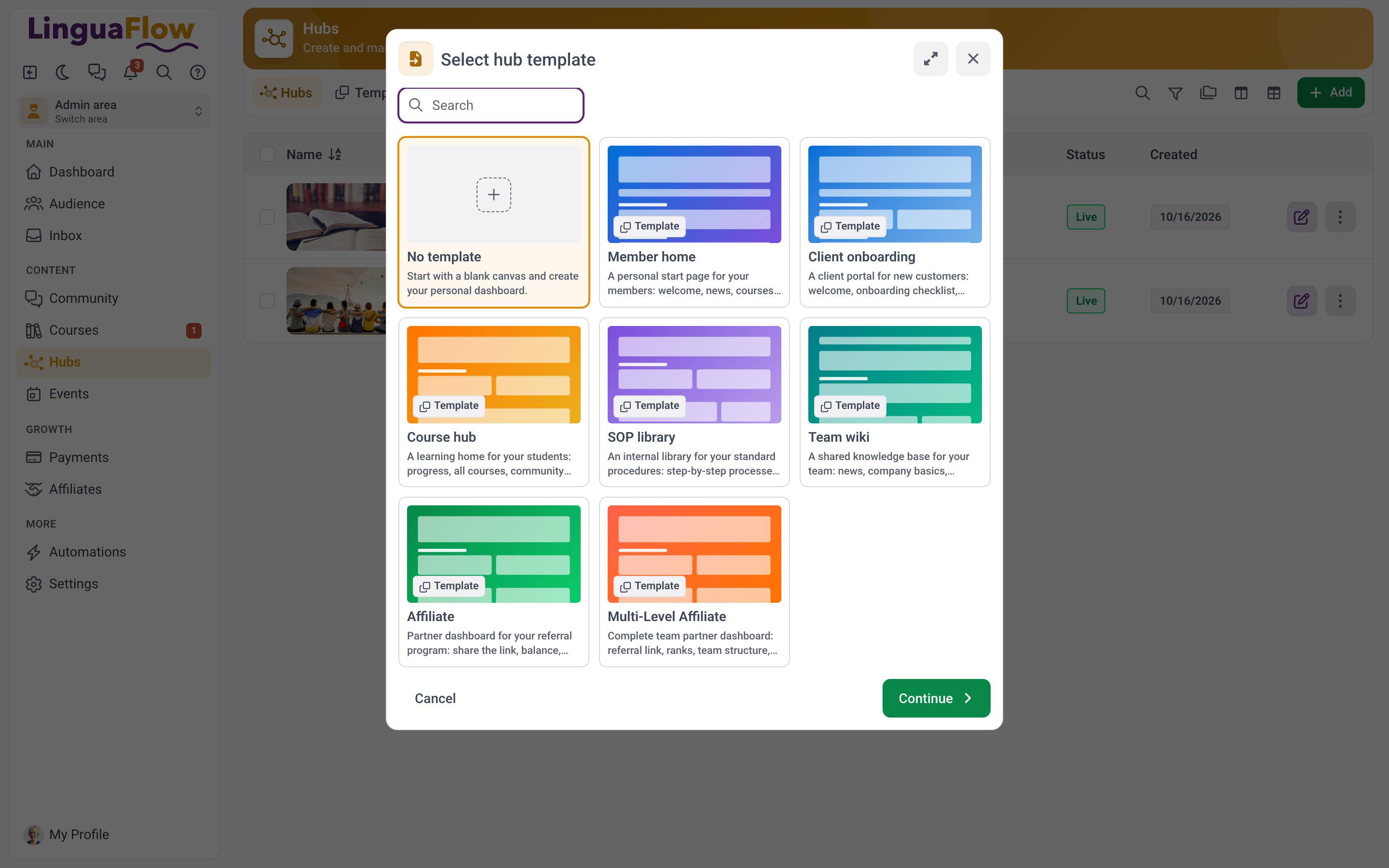 The Select hub template dialog with No template and the system templates.