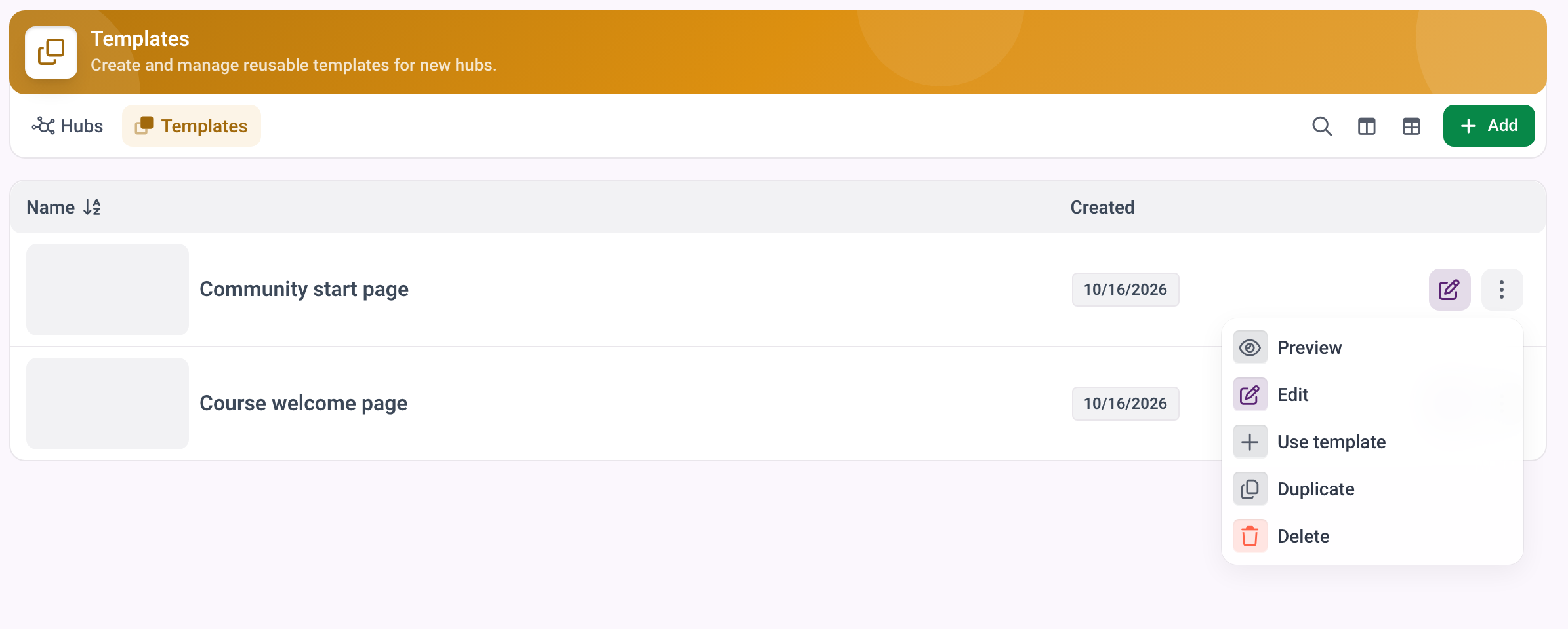 Lista szablonów z otwartym menu z trzema kropkami.