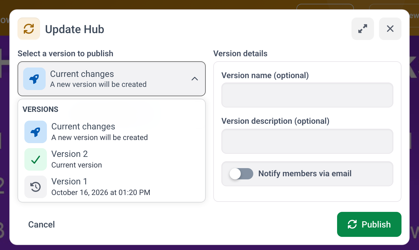 The Update Hub dialog with the versions and the version details.