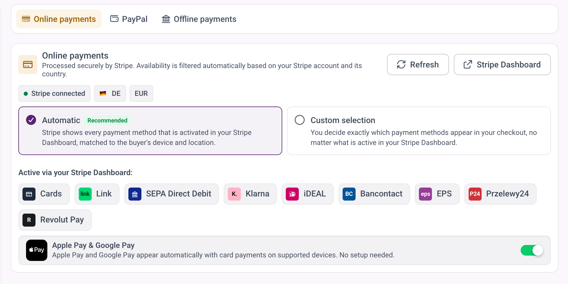 Het tabblad Online betalingen in de modus Automatisch met de actieve betaalmethodes en de schakelaar voor Apple Pay en Google Pay.