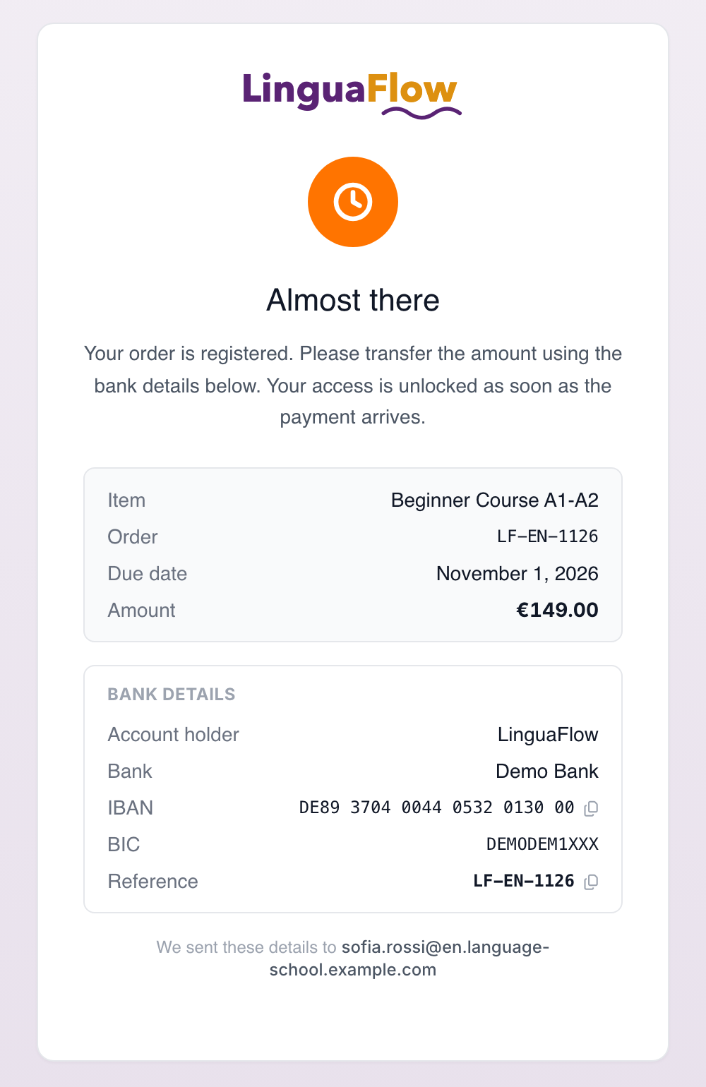 De bevestigingspagina van een offline betaling met bankgegevens, vervaldatum en betalingskenmerk.
