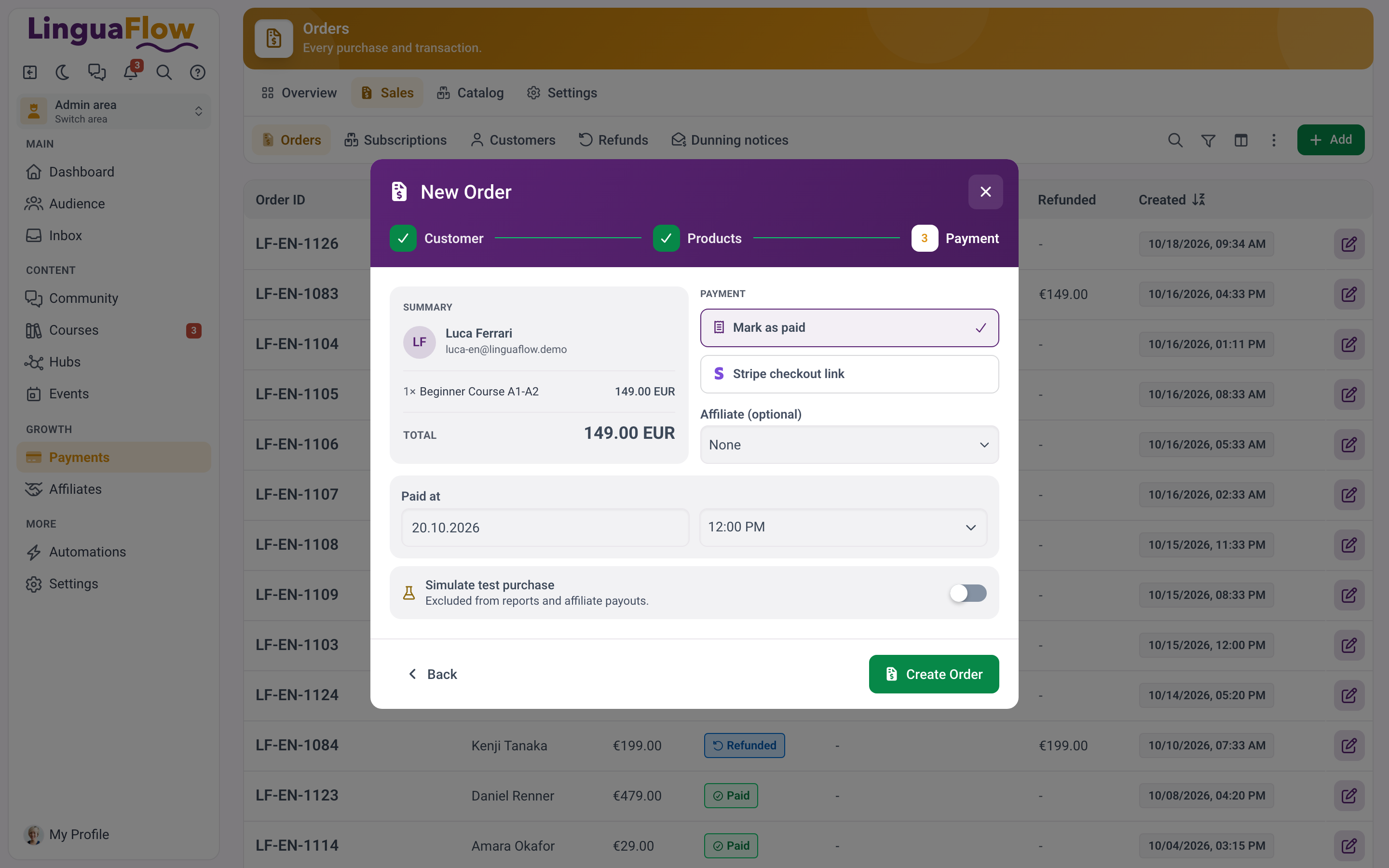The Payment step of New Order with Mark as paid and the Stripe checkout link.